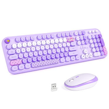 MOFII Wireless Keyboard and Mouse Combo, Full Size 2.4G Plug and Play Typewriter Retro Round Computer Keyboard and Mouse Set for Windows, Computer, Desktop, PC, Notebook - (Purple Colorful)