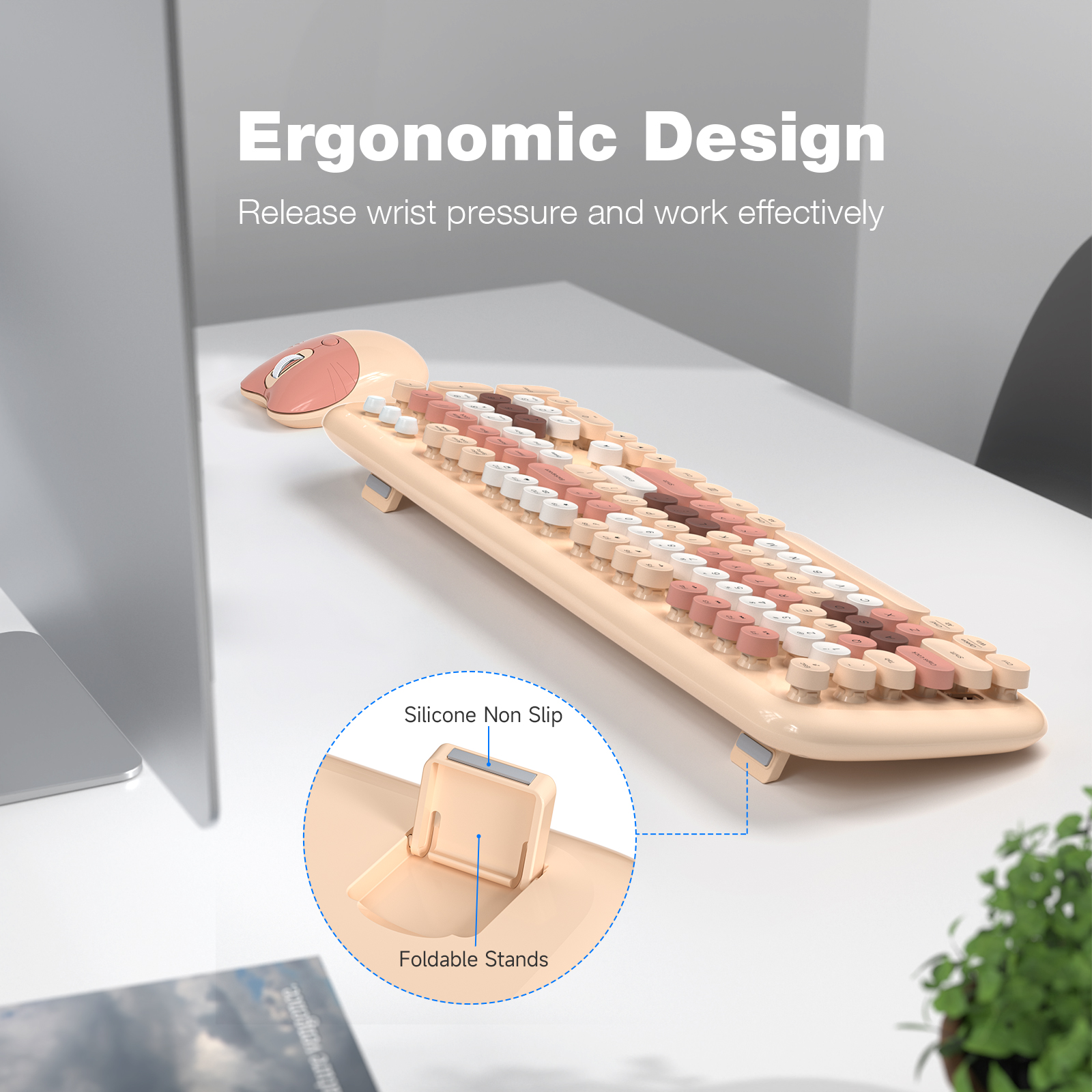 MOFII Wireless Keyboard and Mouse Combo, 2.4G Full-Size Retro Typewriter Computer Keyboard and 3 Level Adjustable Wireless Mouse for Windows, Mac OS Desktop/Laptop/PC - Image 6