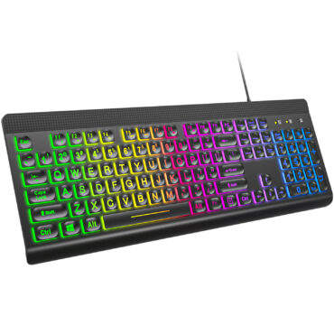 Backlit Keyboard Wired Large Print, Computer Keyboard with Rainbow Illuminated LED, USB Keyboard with Numeric Keypad and Media Hotkey for Windows PC Laptop