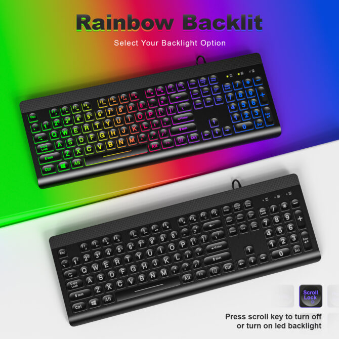 Backlit Keyboard Wired Large Print, Computer Keyboard with Rainbow ...