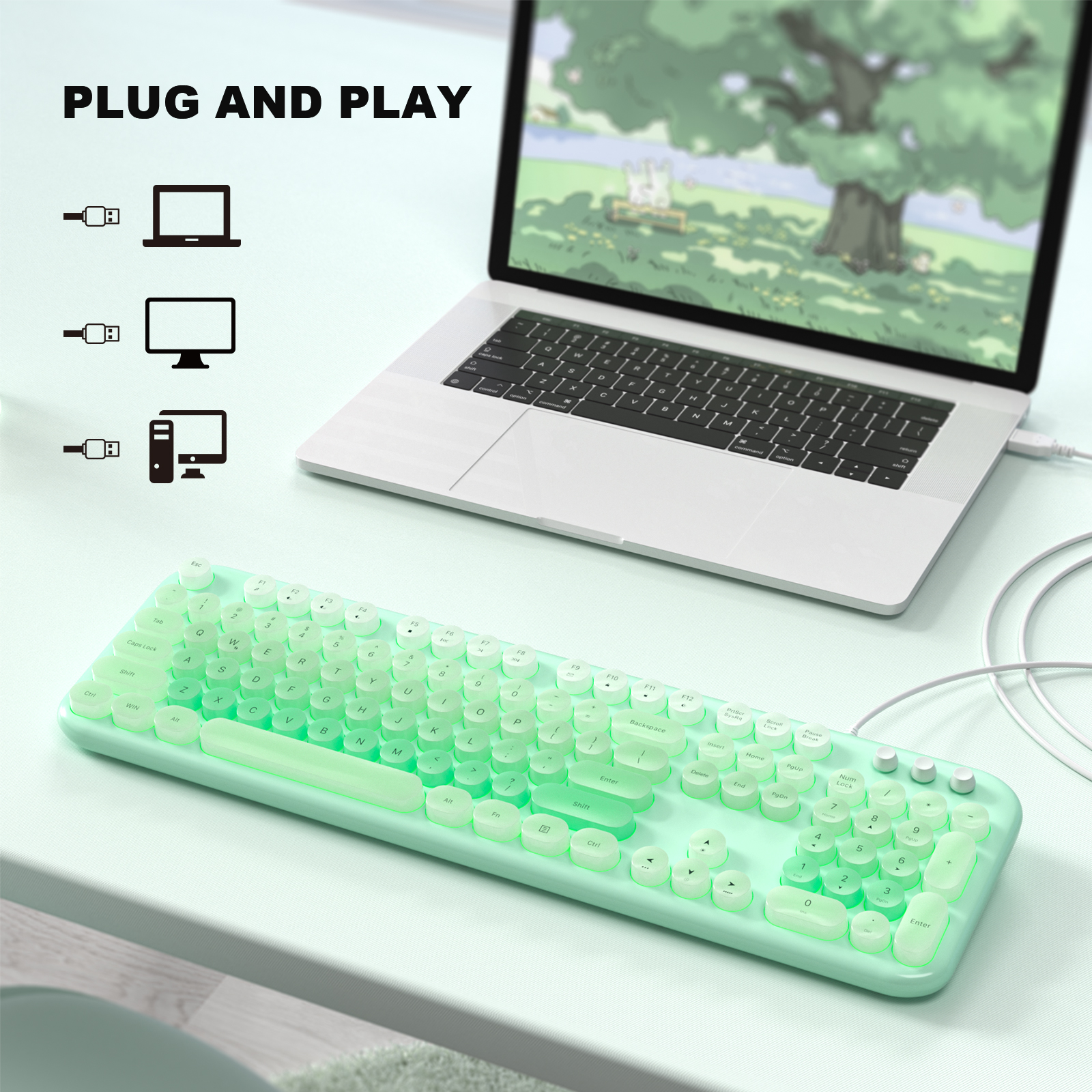 Wired Keyboard with Backlit, Light Up Computer Keyboards with Multimedia Keys, Full Size Wired Keyboard With Illuminated LED, Plug and Play, Anti-Wear Letters for Laptop, Desktop- Colorful - Image 4