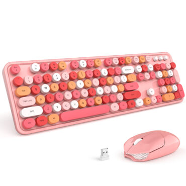 MOFII Pink Wireless Keyboard and Mouse Combo,Full size Retro 2.4Ghz Cute Keyboard