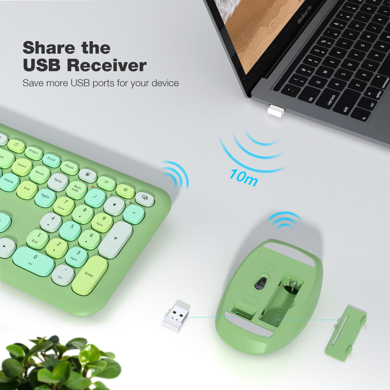 MOFII Wireless Keyboard and Mouse Combo, 2.4G Slim Full-Sized Green Keyboard - Image 2