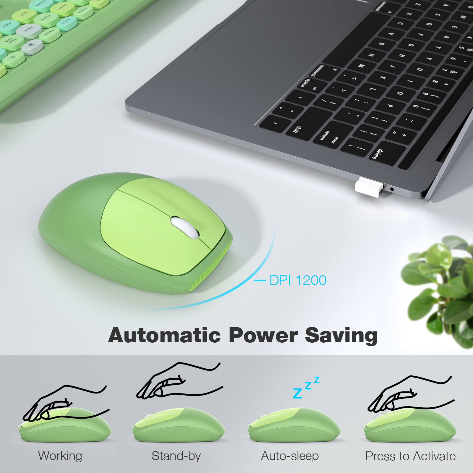 MOFII Wireless Keyboard and Mouse Combo, 2.4G Slim Full-Sized Green Keyboard - Image 3