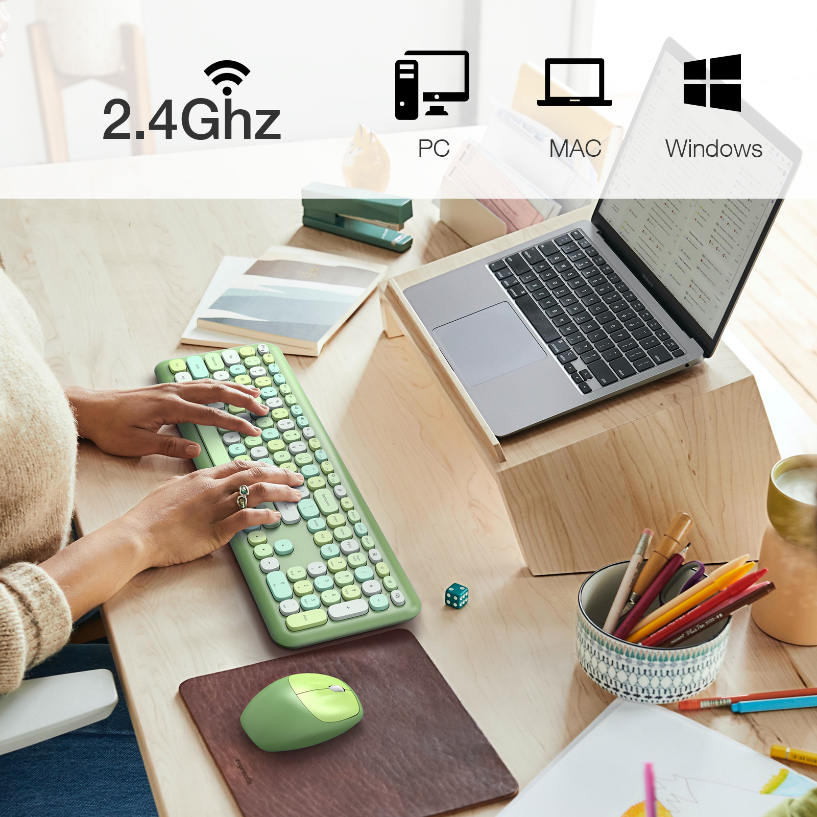 MOFII Wireless Keyboard and Mouse Combo, 2.4G Slim Full-Sized Green Keyboard - Image 7