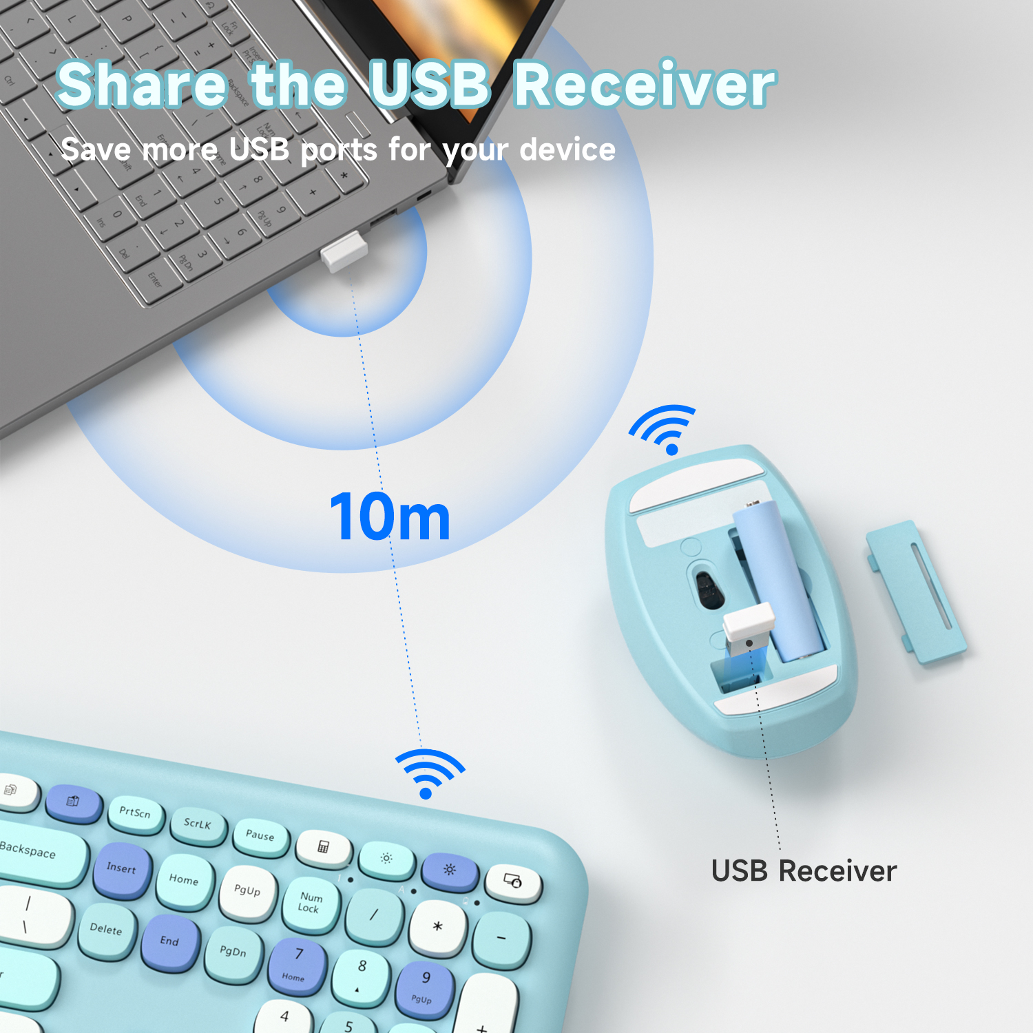 MOFII Wireless Keyboard and Mouse Combo, 2.4G Slim Full-Sized Blue Keyboard - Image 4