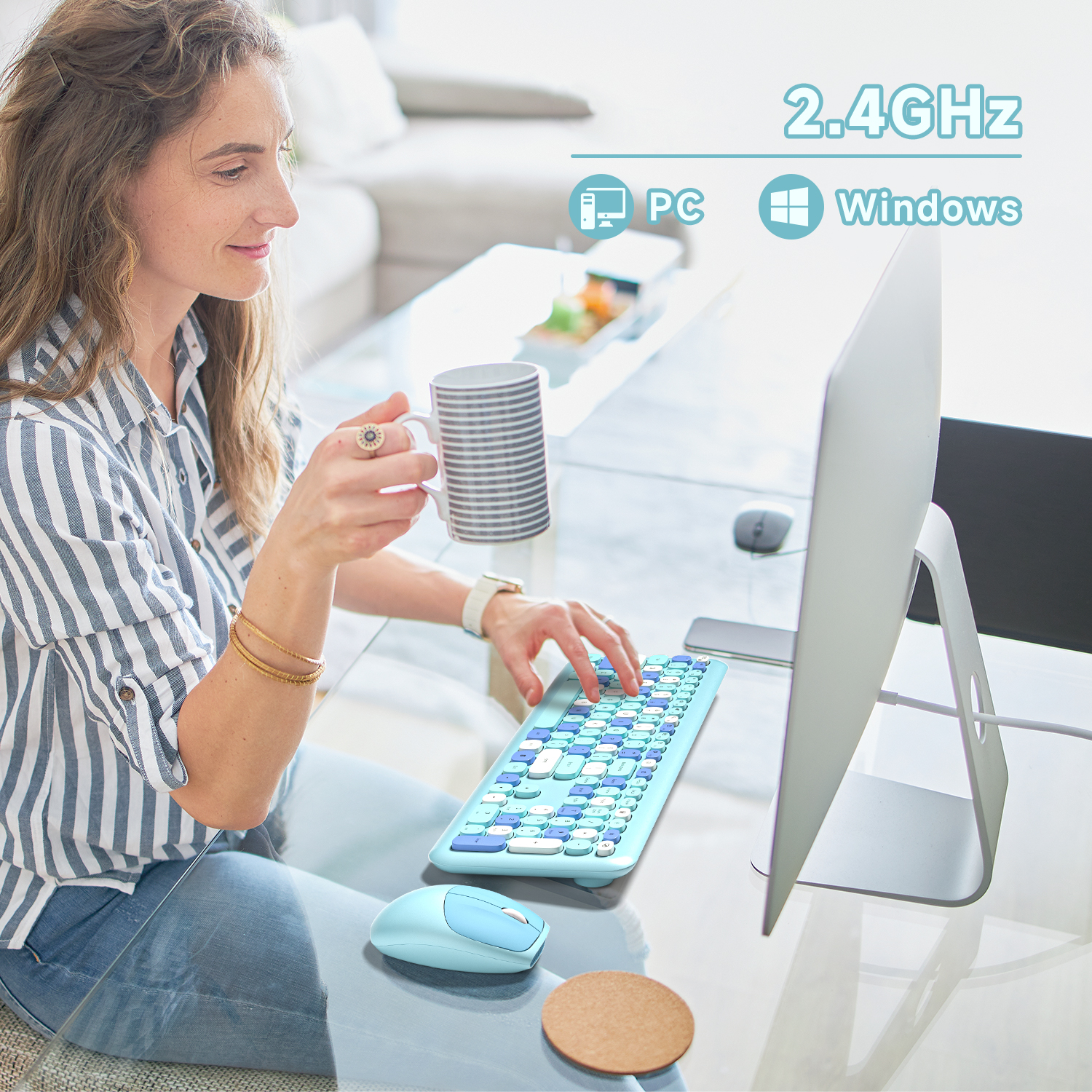 MOFII Wireless Keyboard and Mouse Combo, 2.4G Slim Full-Sized Blue Keyboard - Image 6