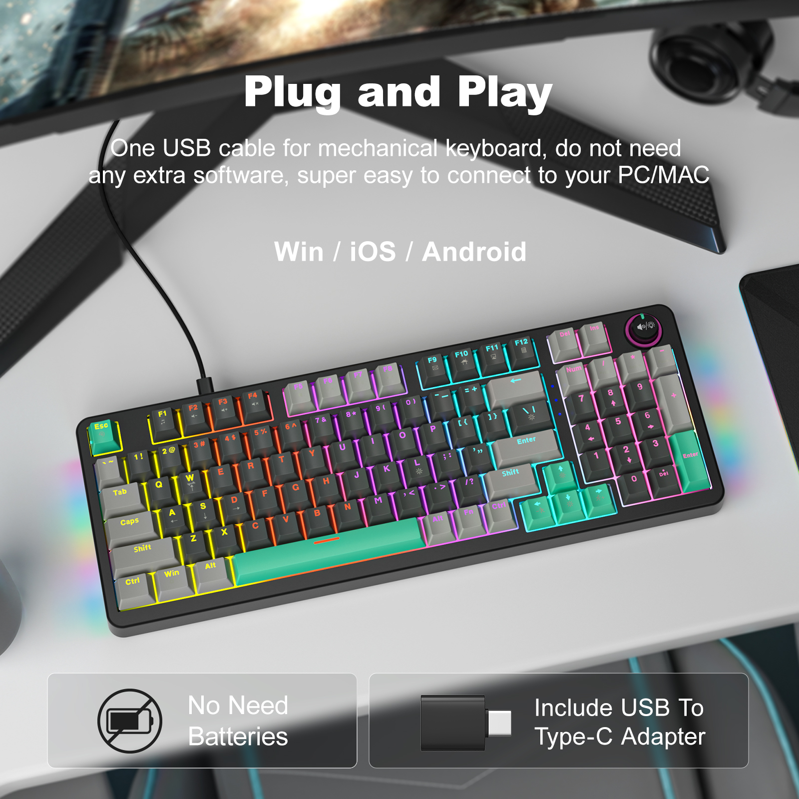 MOFII Wired Red Switch Mechanical Keyboard Gray&Green - Image 2