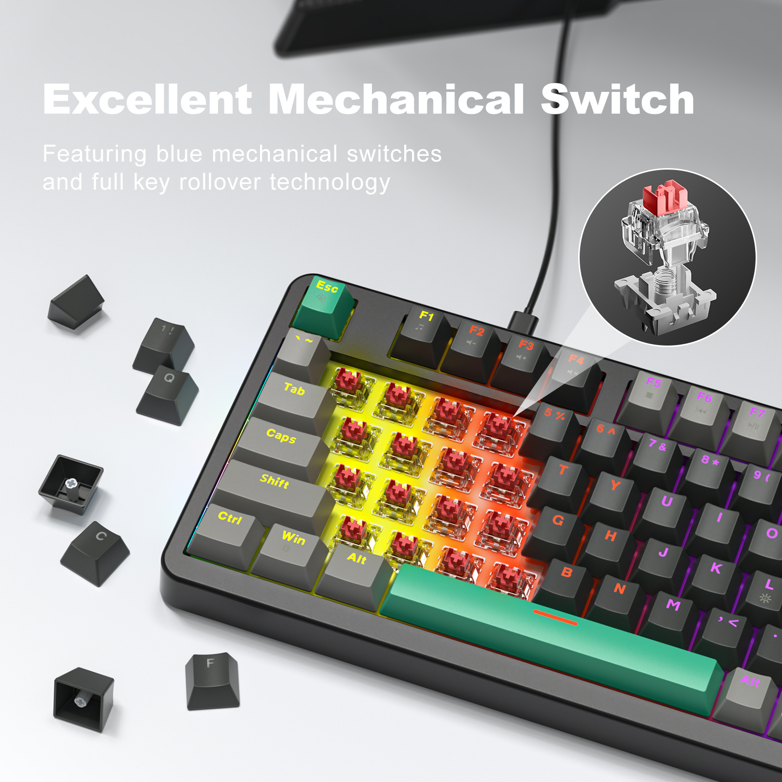 MOFII Wired Red Switch Mechanical Keyboard Gray&Green - Image 4