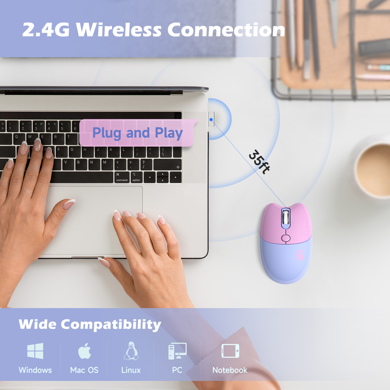 Wireless Noiseless Mouse with 2.4G USB Cute Mice(Blue) - Image 2