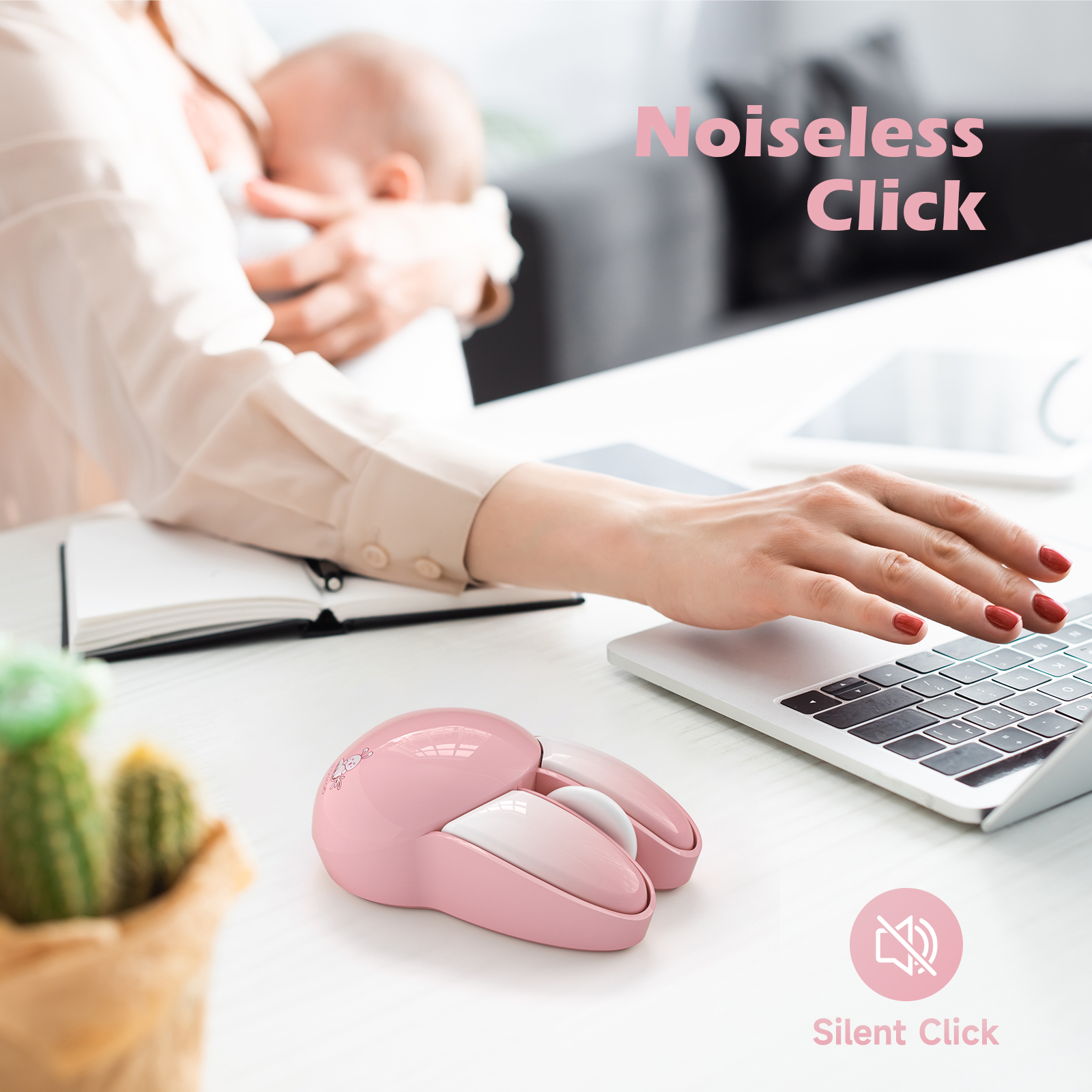 Wireless Noiseless Computer Mouse Cute Bunny Shaped(Pink) - Image 2