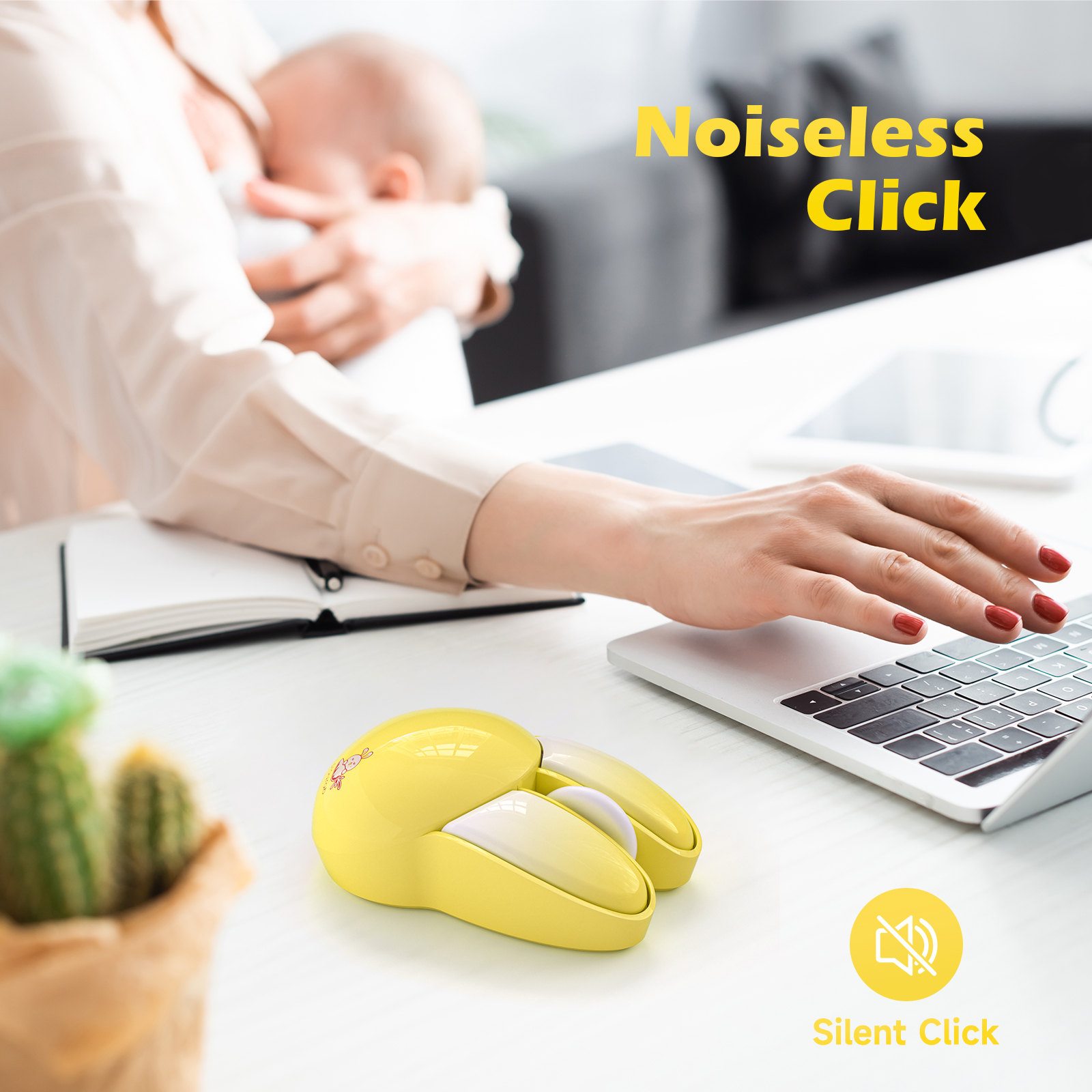 Wireless Noiseless Computer Mouse Cute Bunny Shaped(Yellow) - Image 2