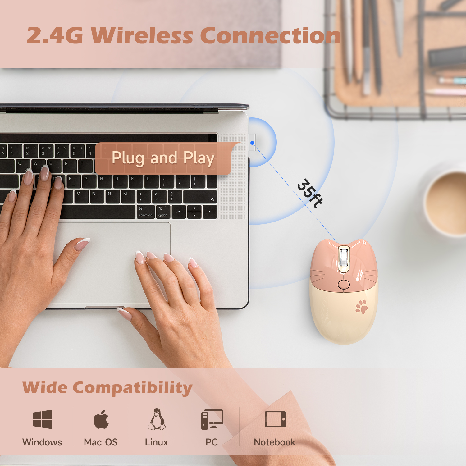 Wireless Noiseless Mouse with 2.4G USB Cute Mice(Milk Tea) - Image 2