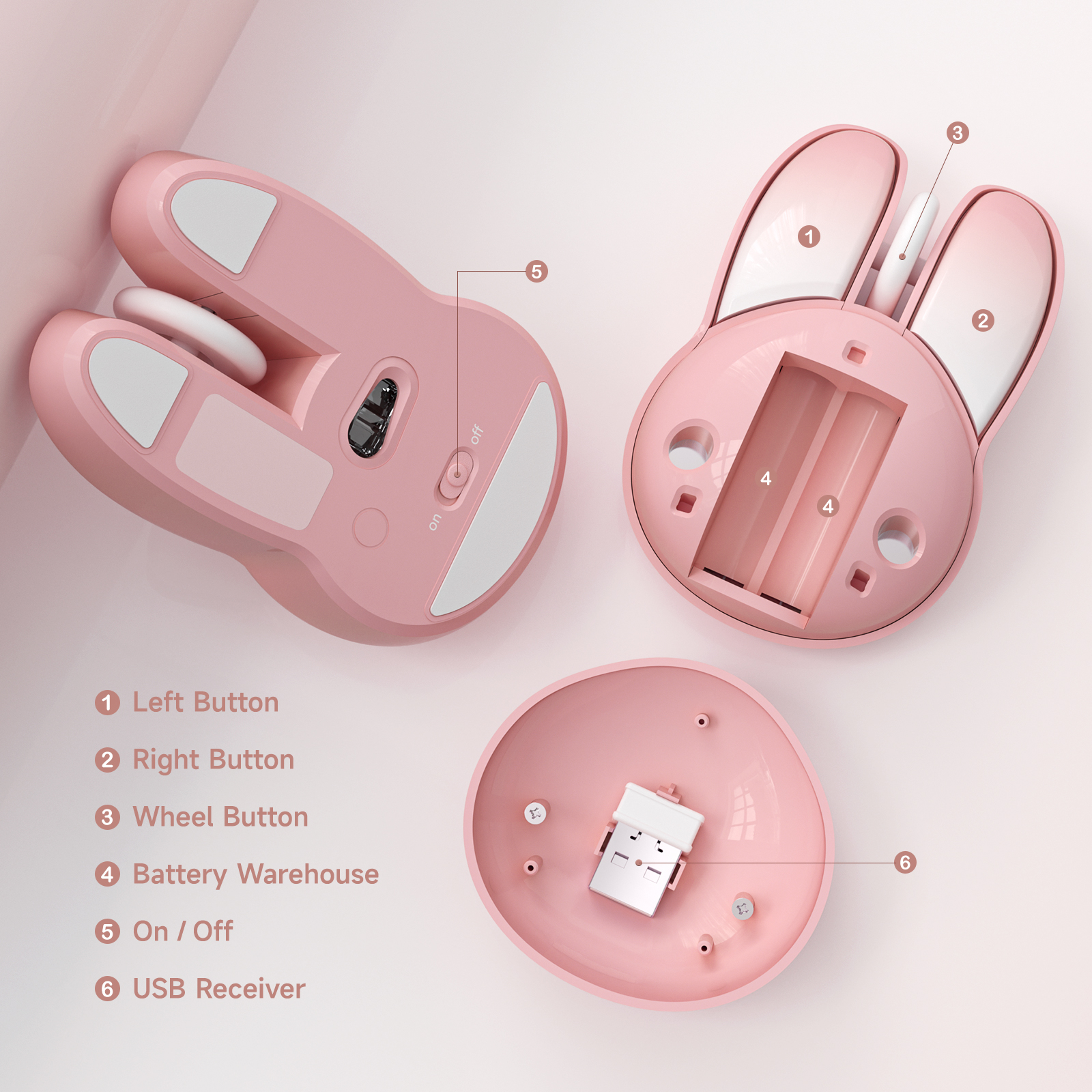Wireless Noiseless Computer Mouse Cute Bunny Shaped(Pink) - Image 3