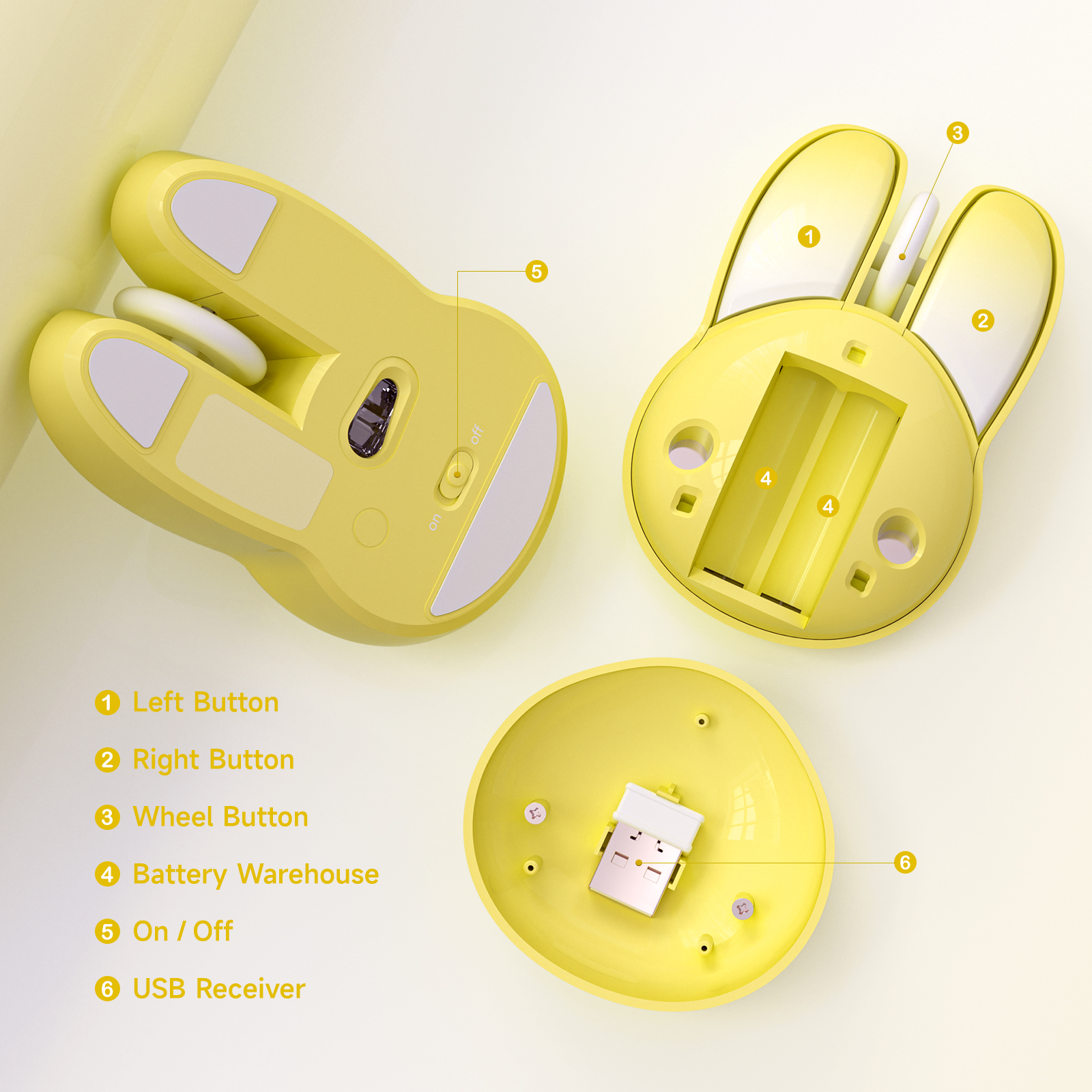 Wireless Noiseless Computer Mouse Cute Bunny Shaped(Yellow) - Image 3