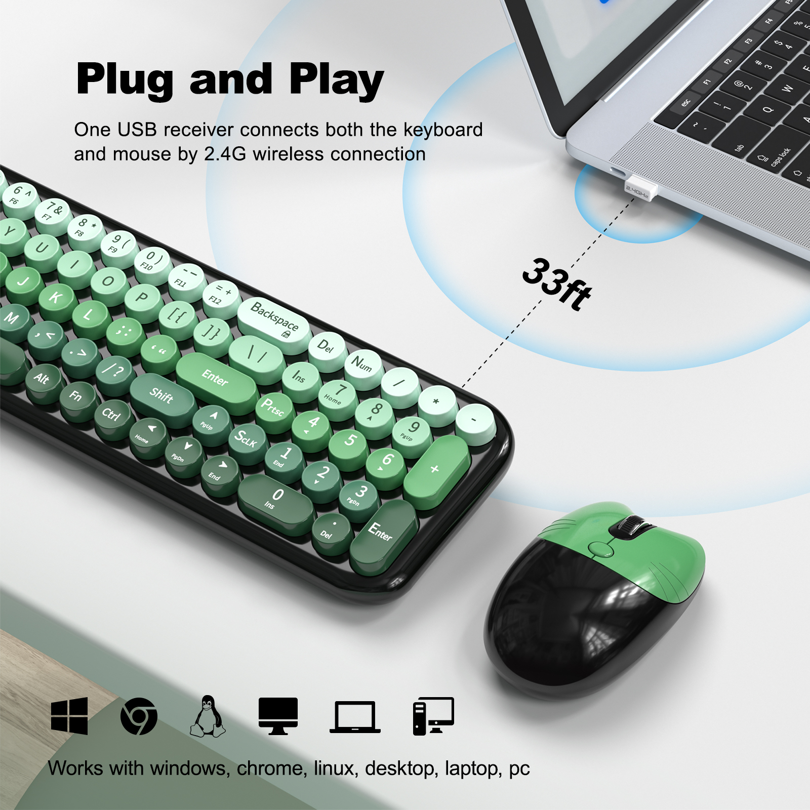 Wireless Keyboard and Mouse Combo with Compact Size Green - Image 3