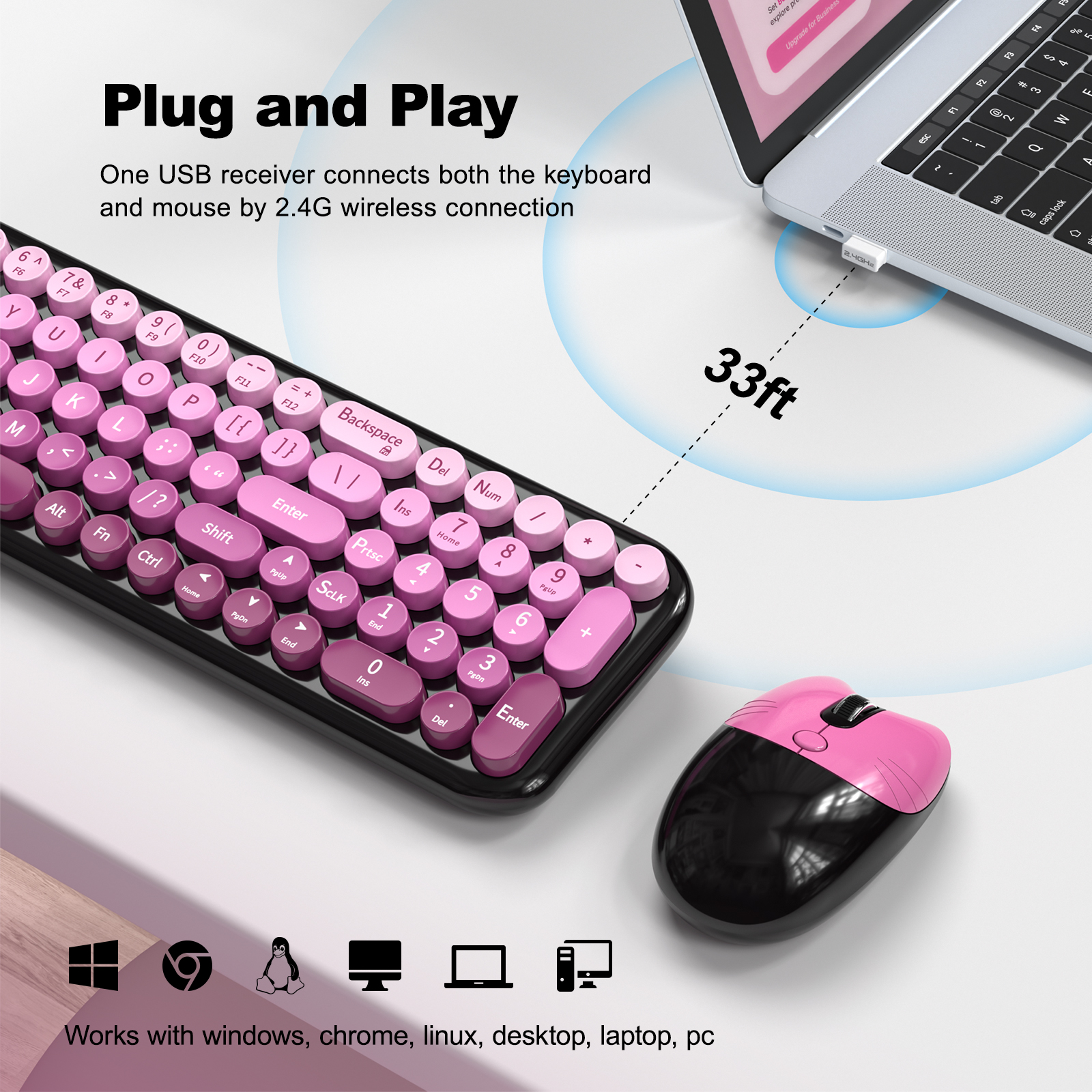 Wireless Keyboard Mouse Combo with Compact Size Black Pink - Image 3