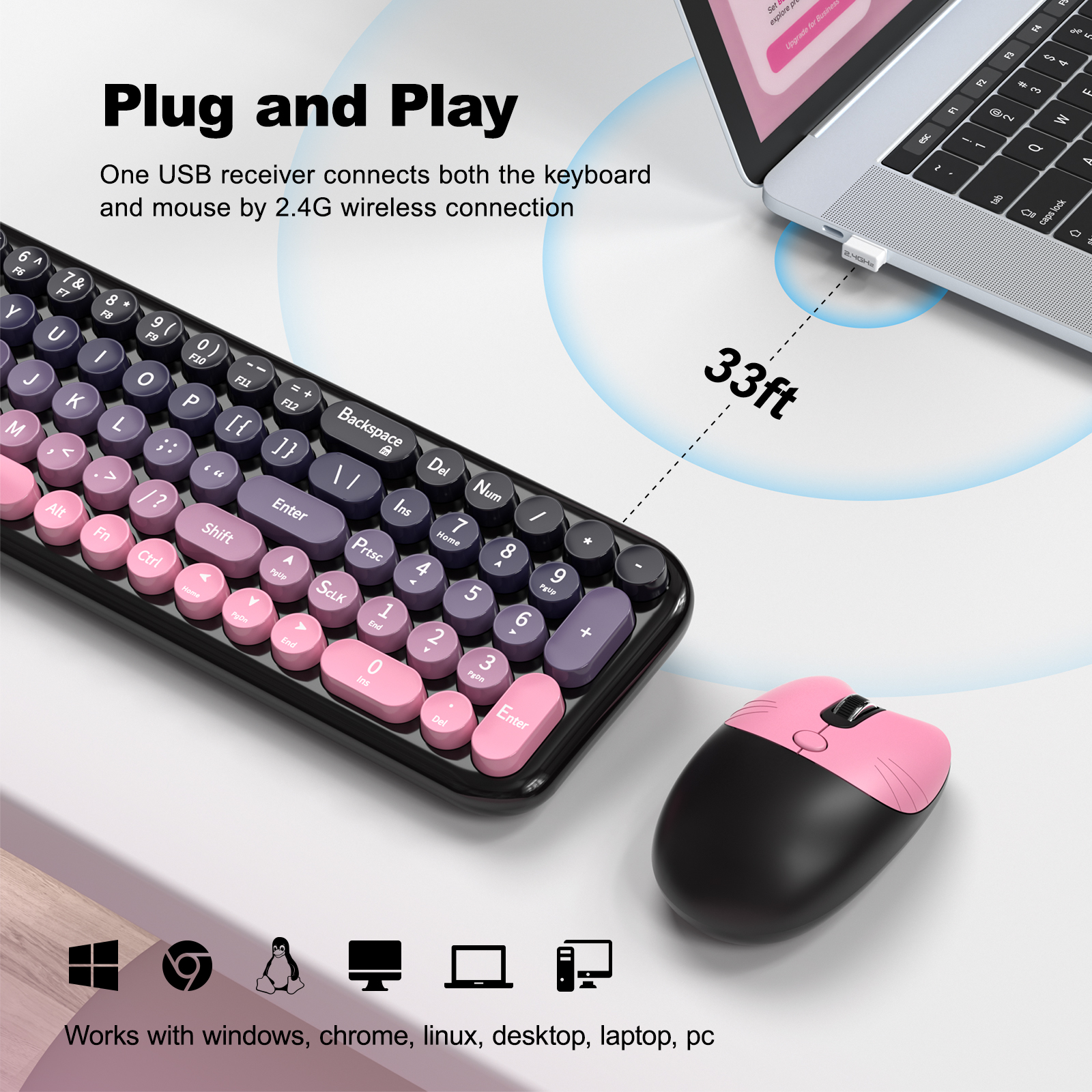Wireless Keyboard Mouse Combo with Compact Size Pink - Image 3