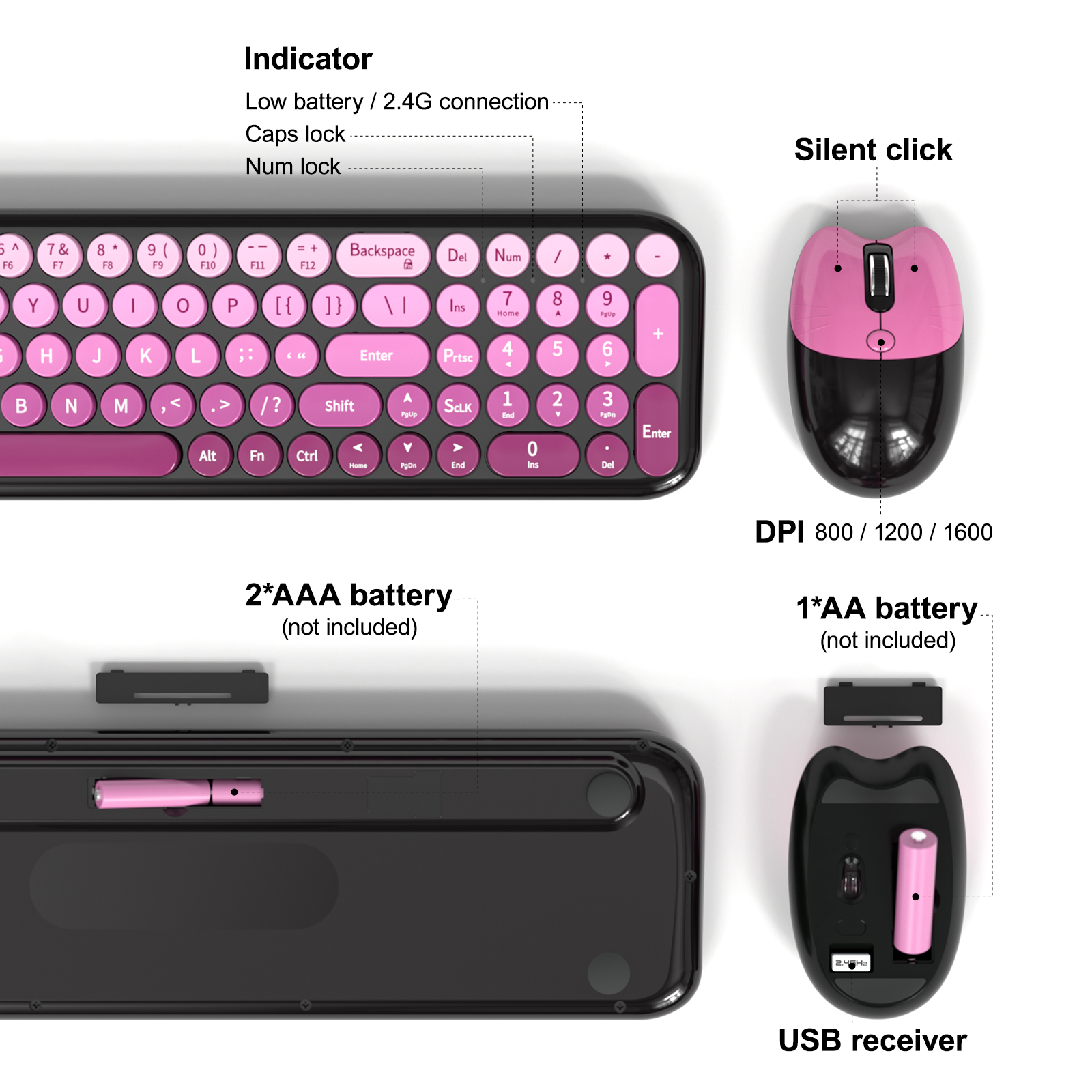 Wireless Keyboard Mouse Combo with Compact Size Black Pink - Image 4