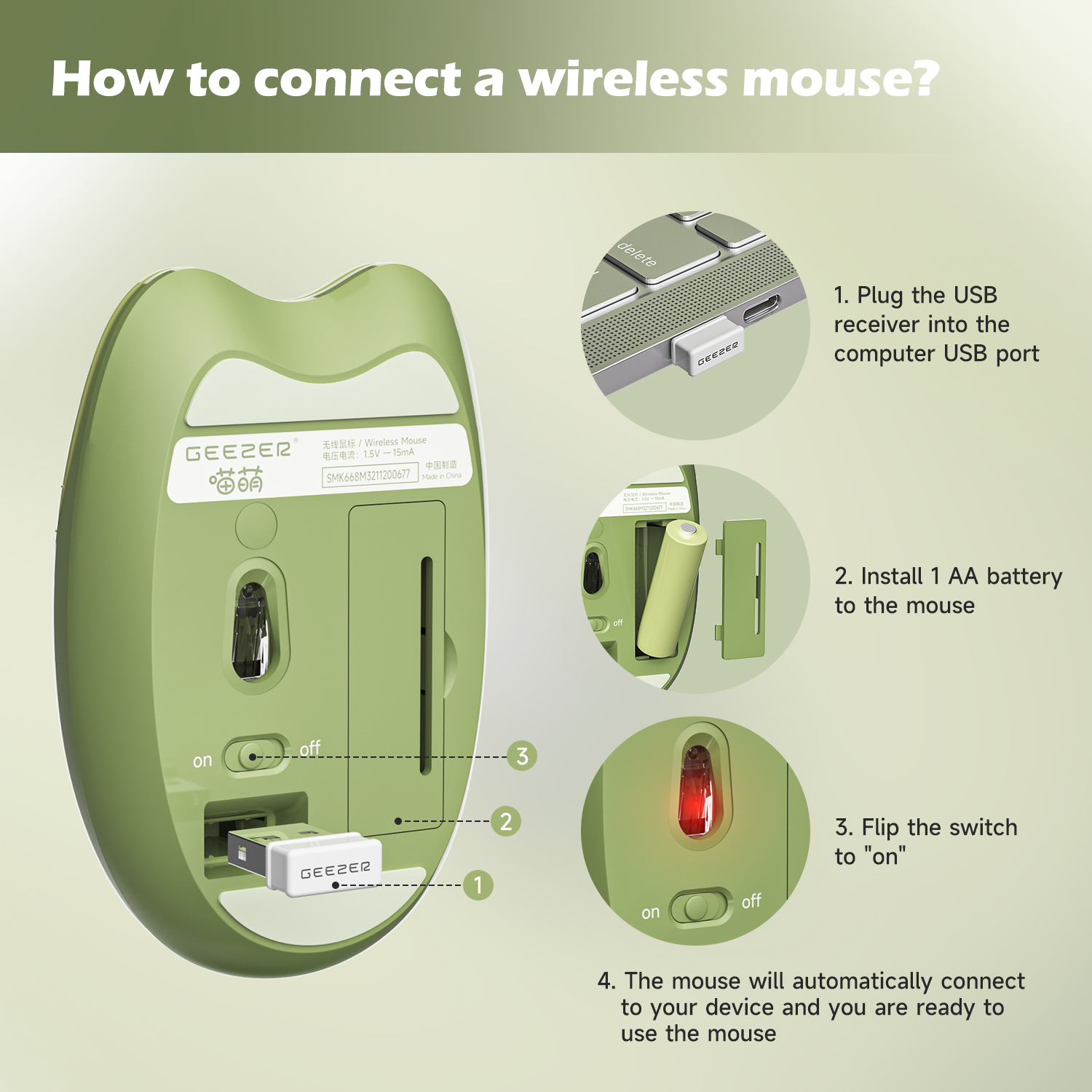 Wireless Noiseless Mouse with 2.4G USB Cute Mice(Green) - Image 6