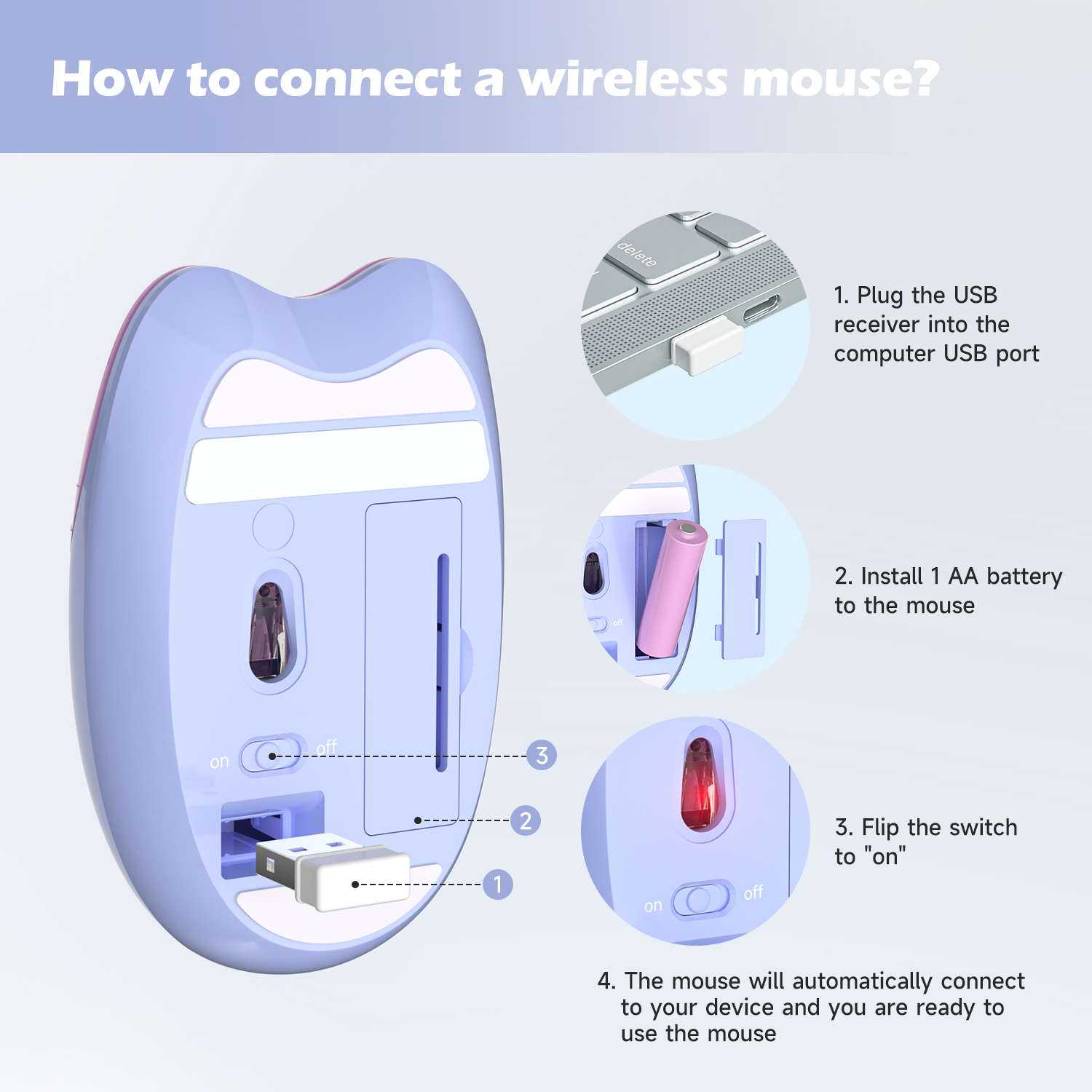 Wireless Noiseless Mouse with 2.4G USB Cute Mice(Blue) - Image 6