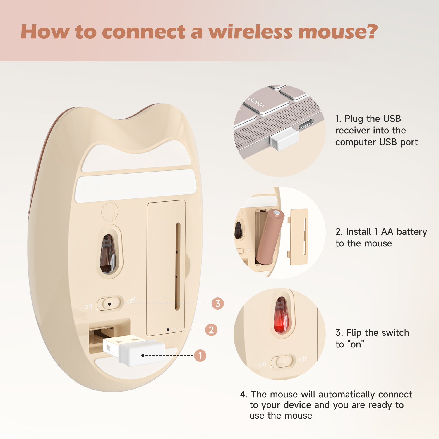 Wireless Noiseless Mouse with 2.4G USB Cute Mice(Milk Tea) - Image 6