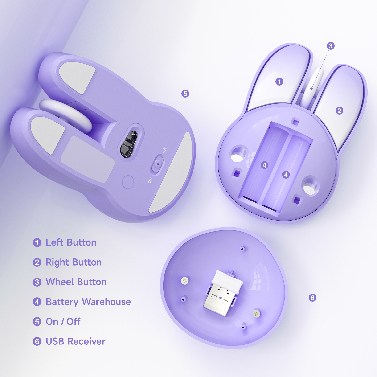 Cute Bunny Wireless Silent Mouse Purple - Image 3
