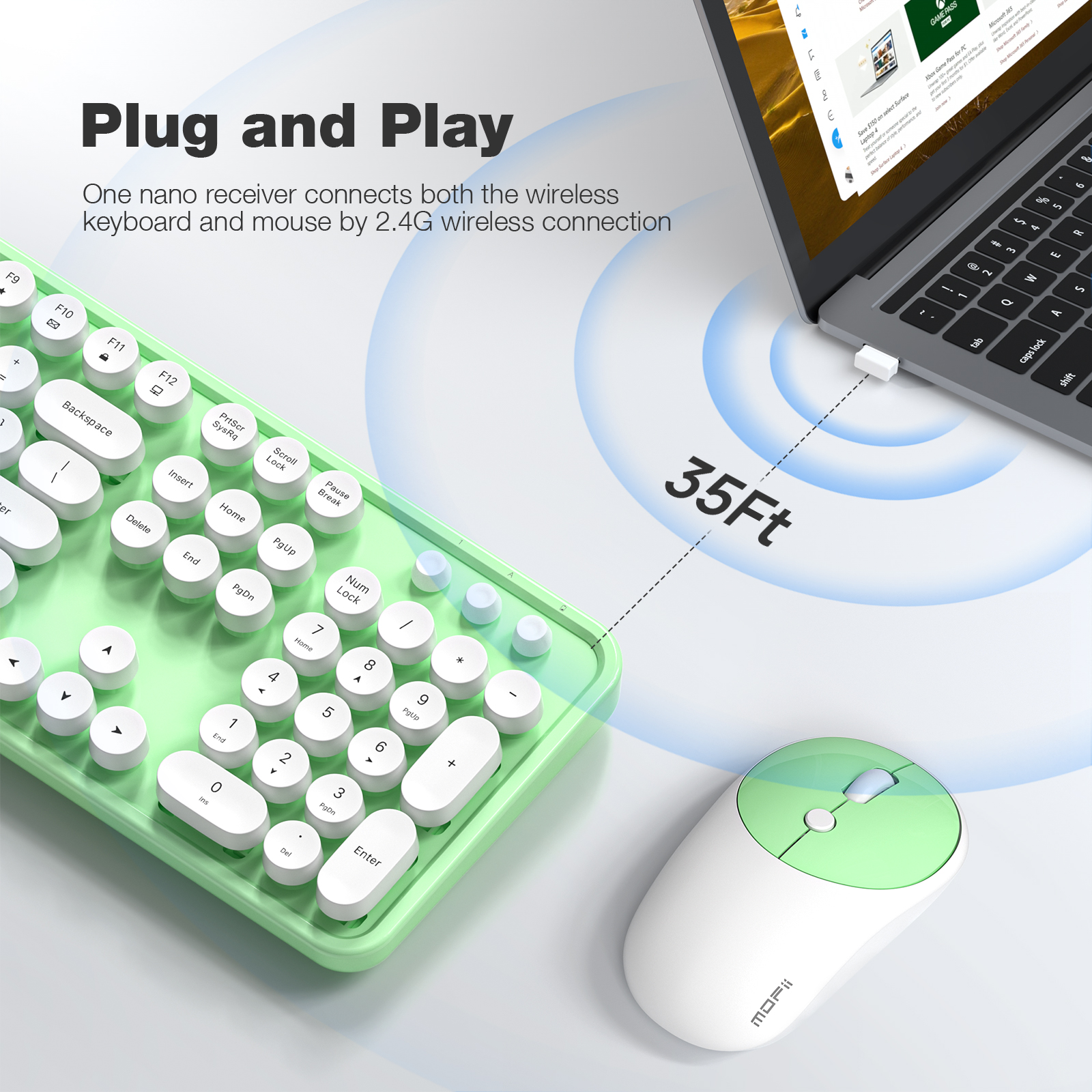 Full-Size Wireless Keyboard and Mouse Combo 2.4GHz Green - Image 2