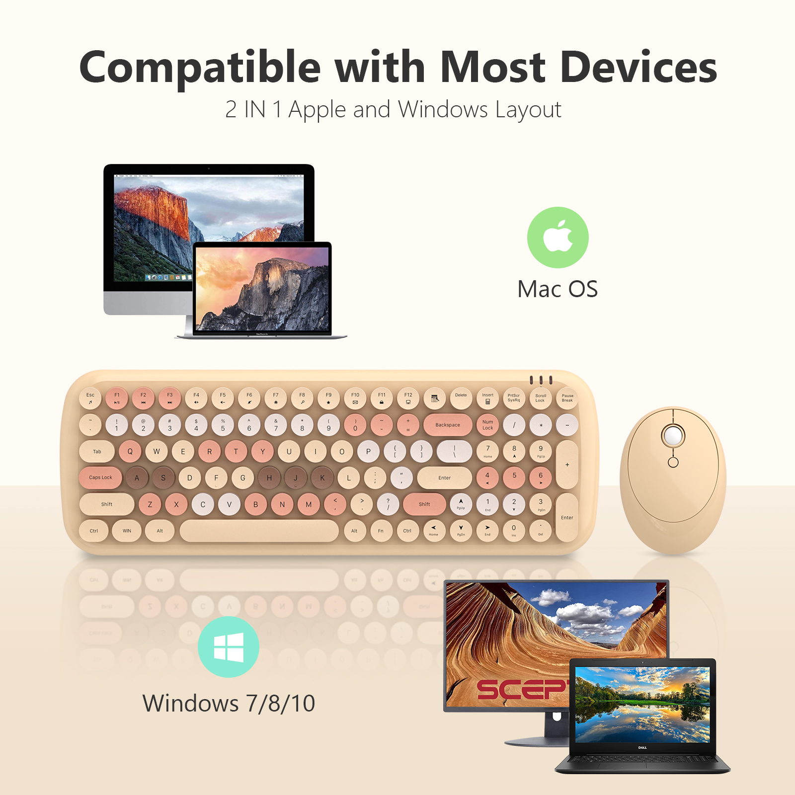 Beige Colorful Wireless Keyboard and Mouse Combo - Image 6