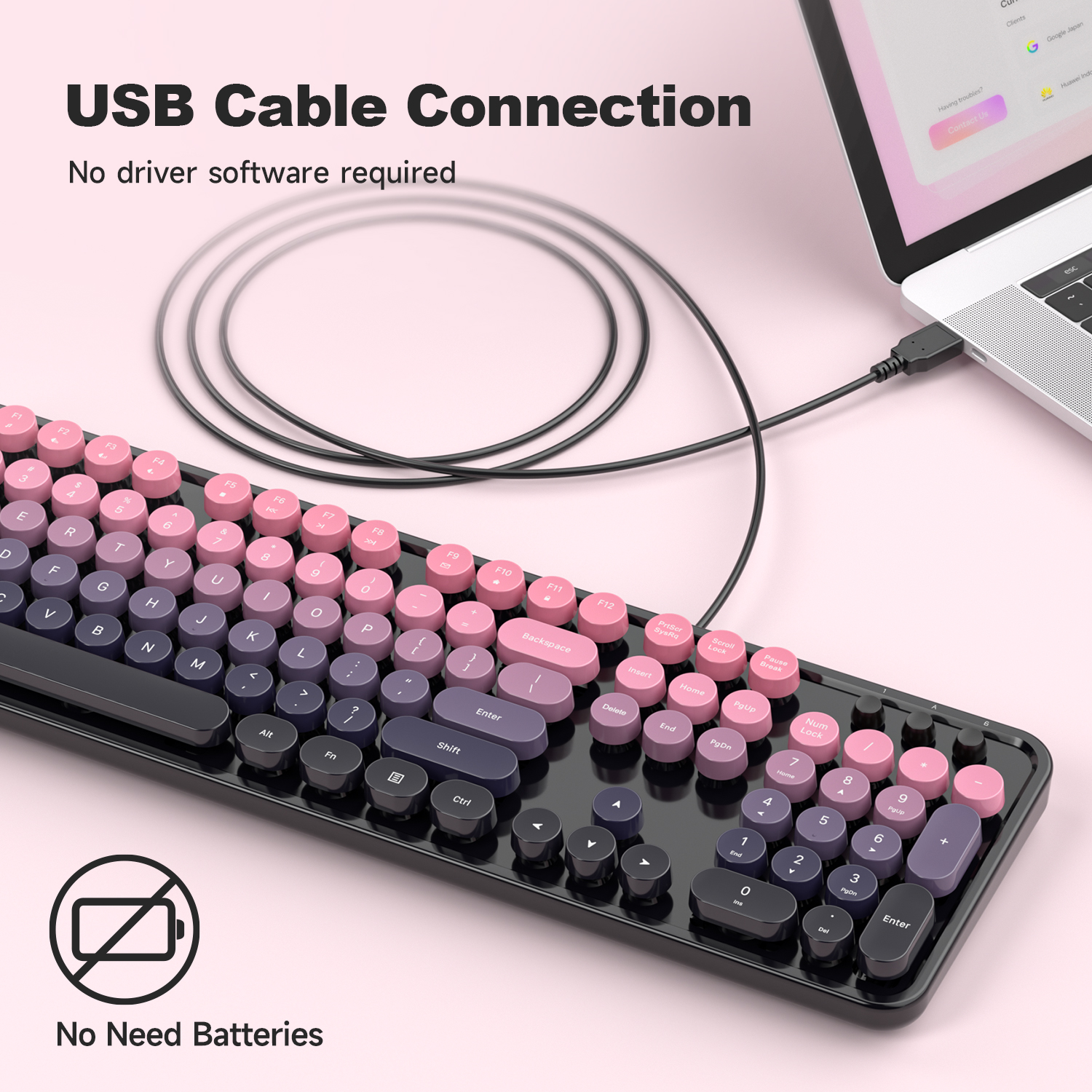 Retro Full-Size Wired Keyboard Ergonomic Plum Pink - Image 2