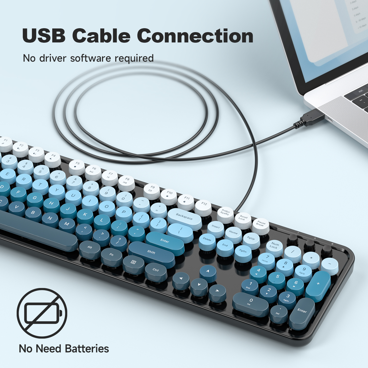 Retro Full-Size Wired Keyboard Ergonomic Black Blue - Image 2