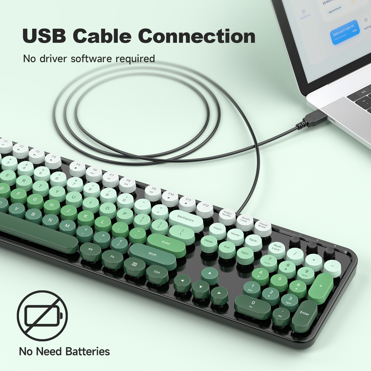 Retro Full-Size Wired Ergonomic Keyboard Black & Green - Image 2