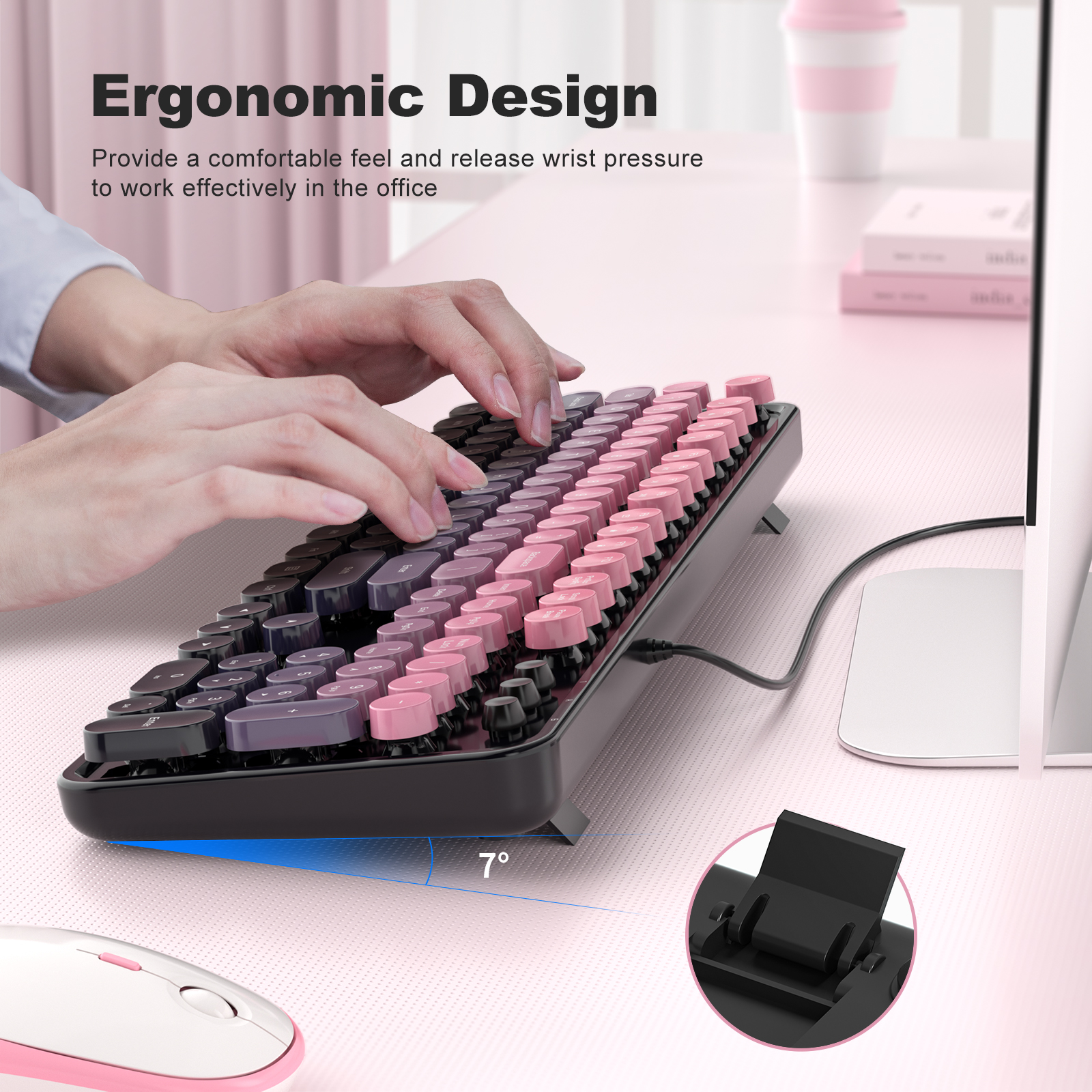 Retro Full-Size Wired Keyboard Ergonomic Plum Pink - Image 3