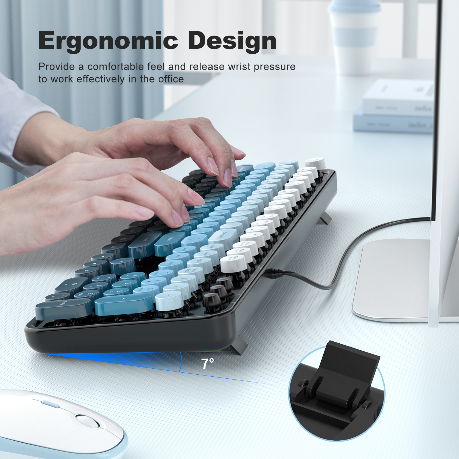 Retro Full-Size Wired Keyboard Ergonomic Black Blue - Image 3