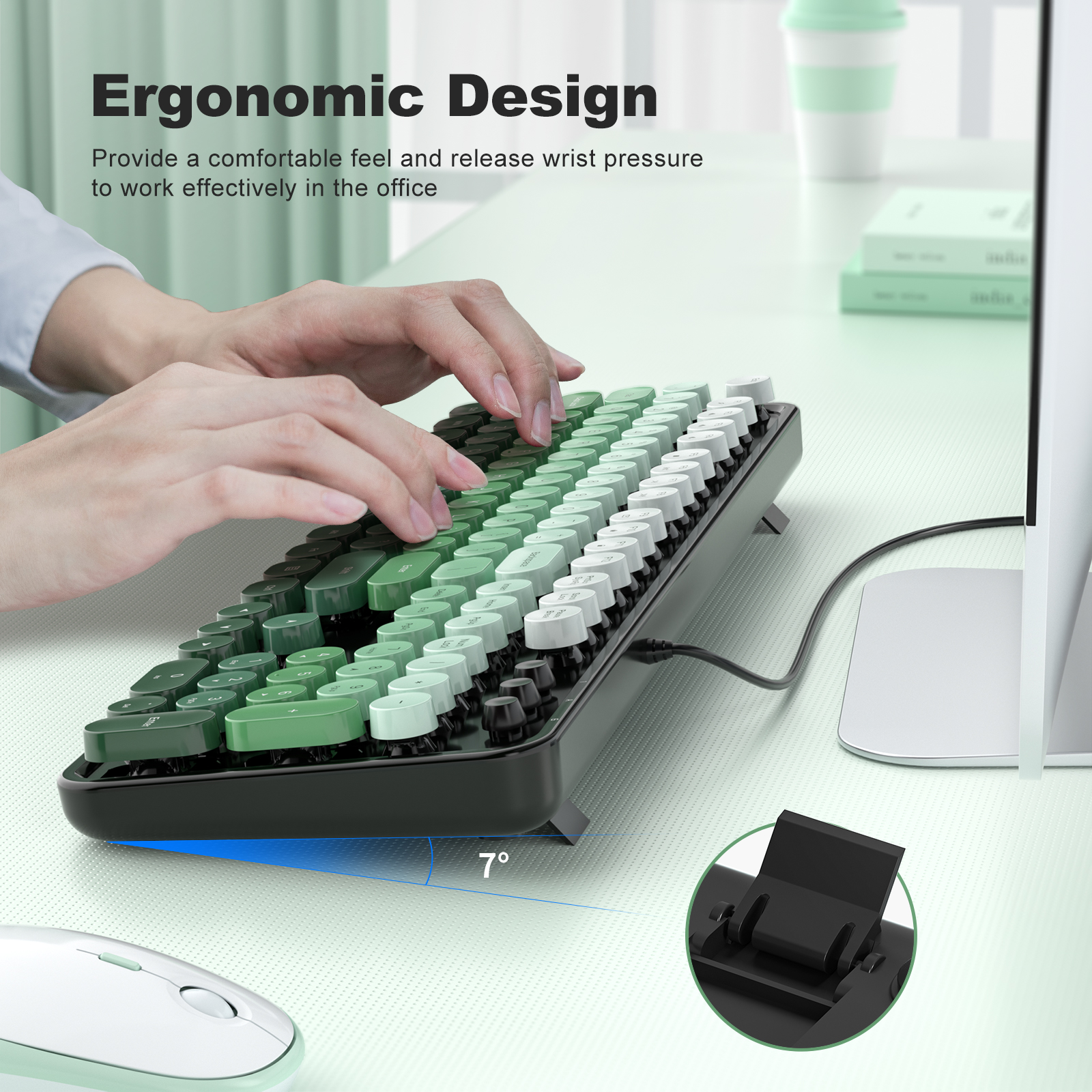 Retro Full-Size Wired Ergonomic Keyboard Black & Green - Image 3
