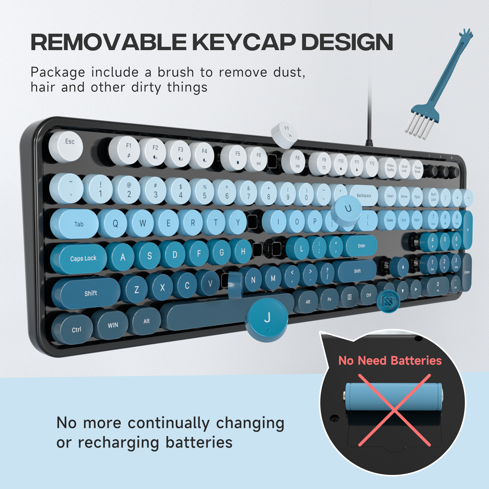 Retro Full-Size Wired Keyboard Ergonomic Black Blue - Image 4