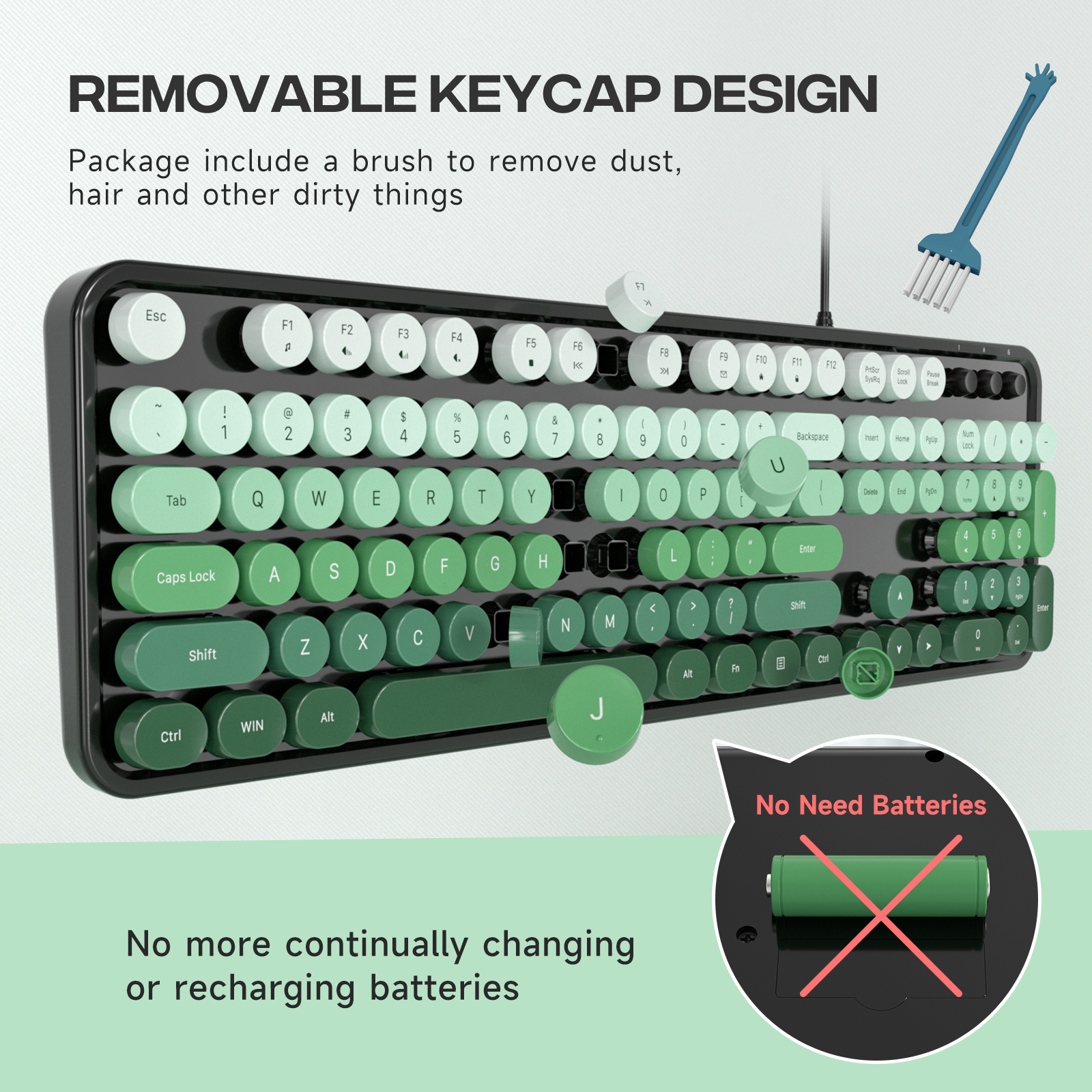 Retro Full-Size Wired Ergonomic Keyboard Black & Green - Image 4