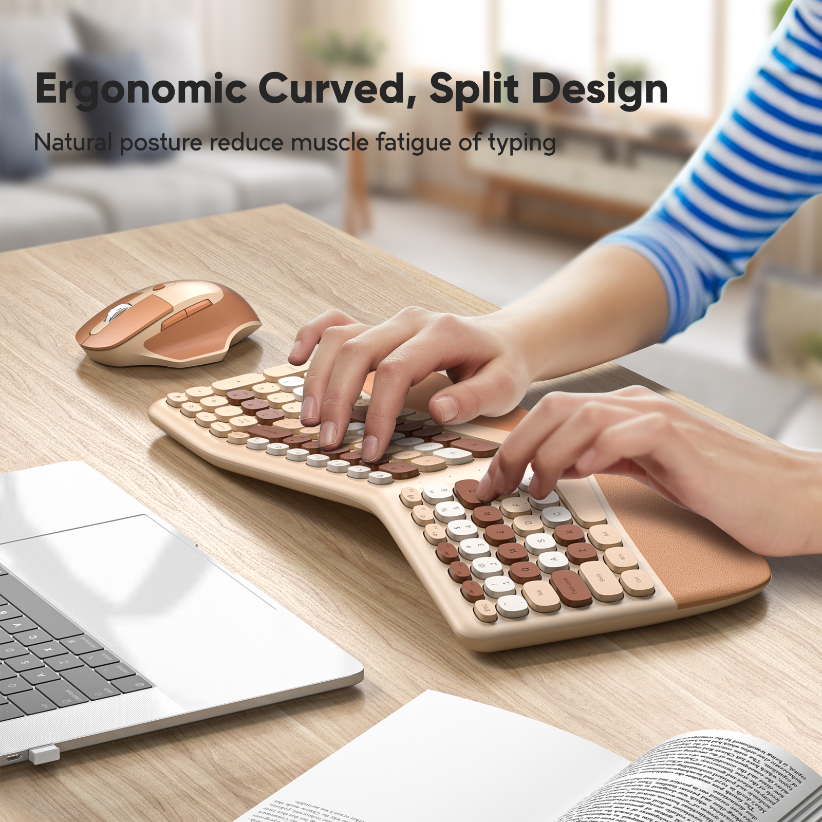 Beige Ergonomic Wireless Keyboard and Mouse Set - Image 2