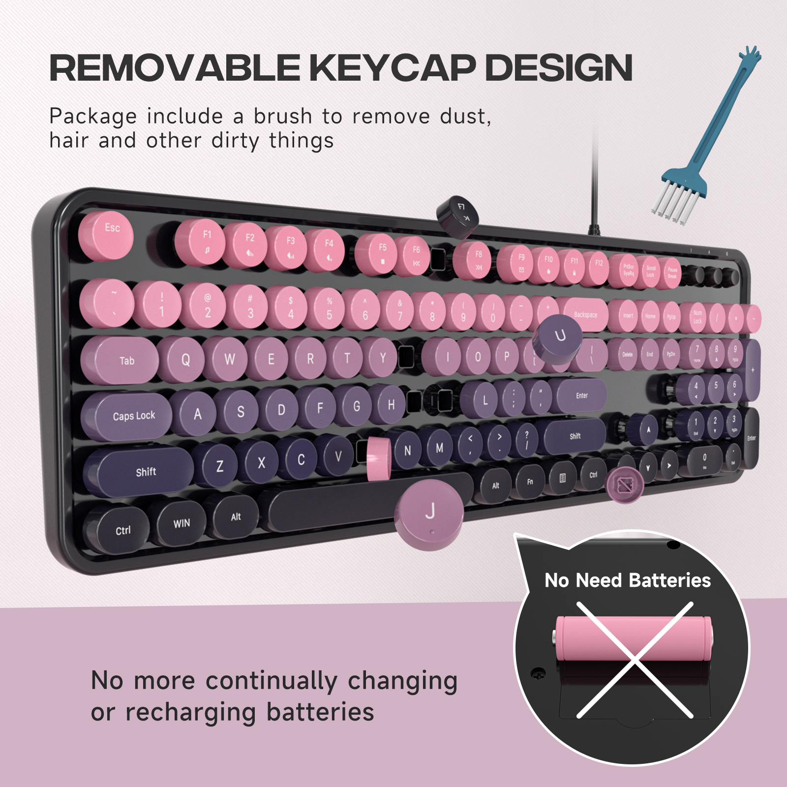 Retro Full-Size Wired Keyboard Ergonomic Plum Pink - Image 4