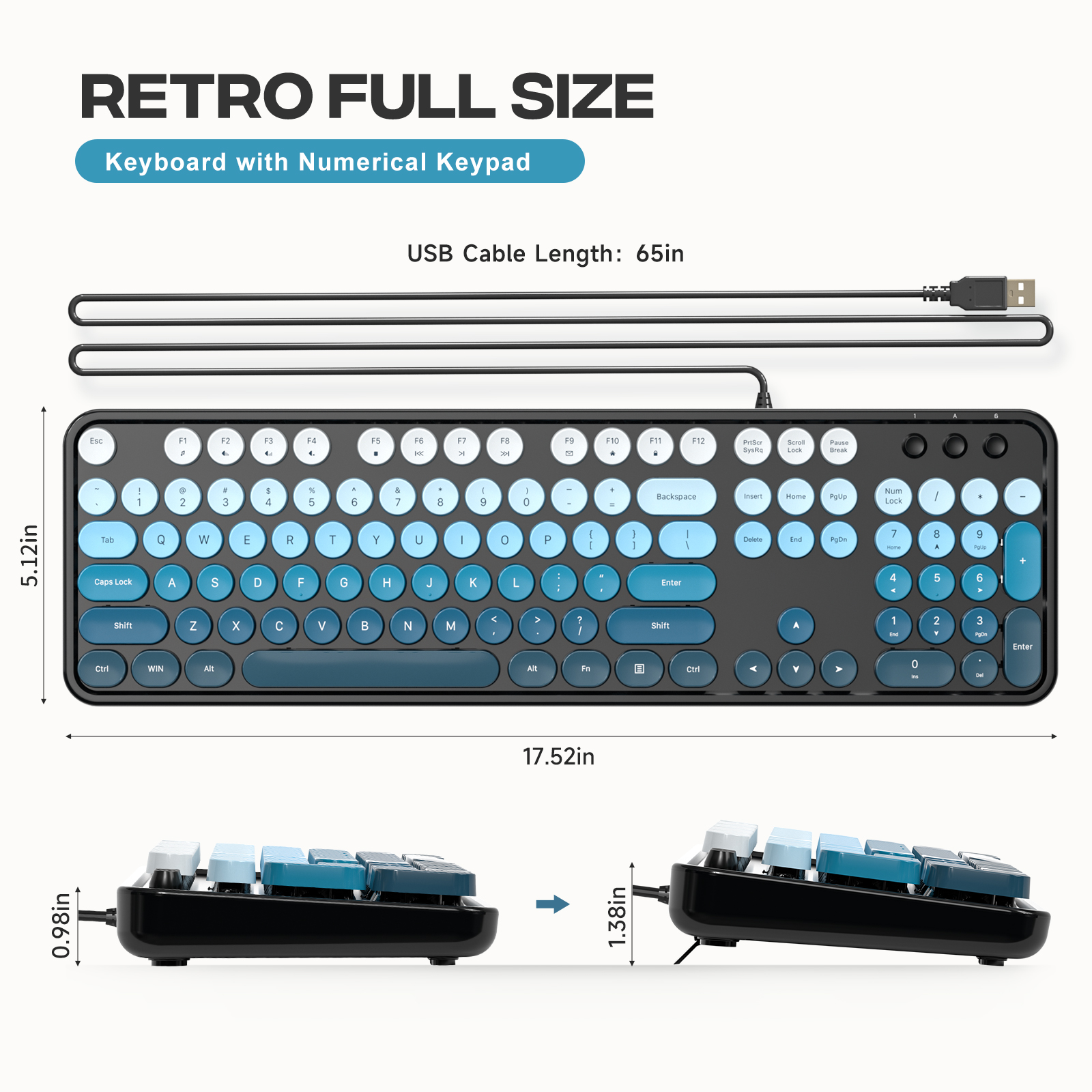 Retro Full-Size Wired Keyboard Ergonomic Black Blue - Image 5