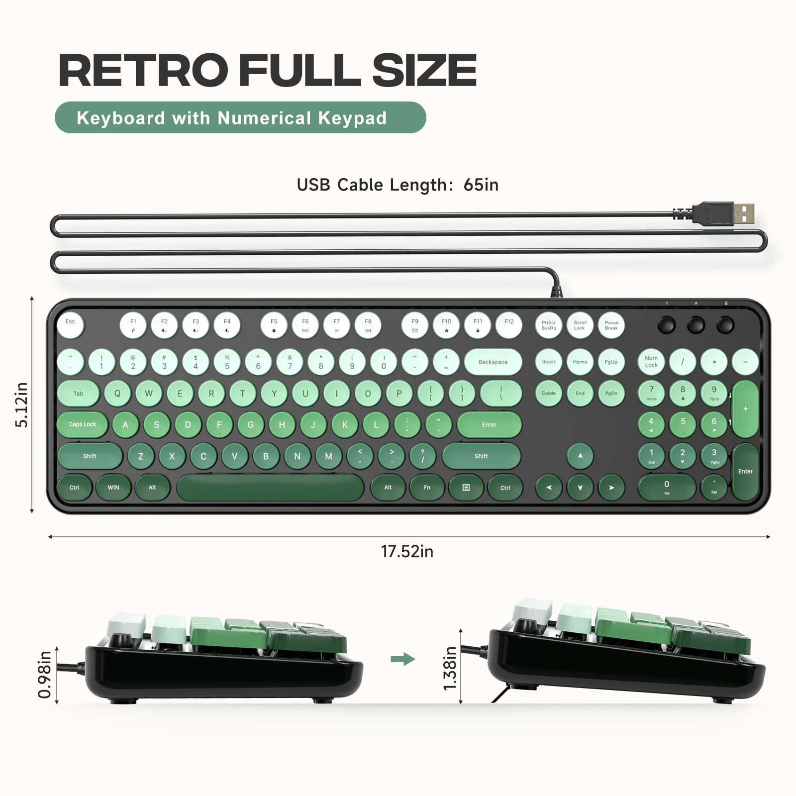 Retro Full-Size Wired Ergonomic Keyboard Black & Green - Image 5
