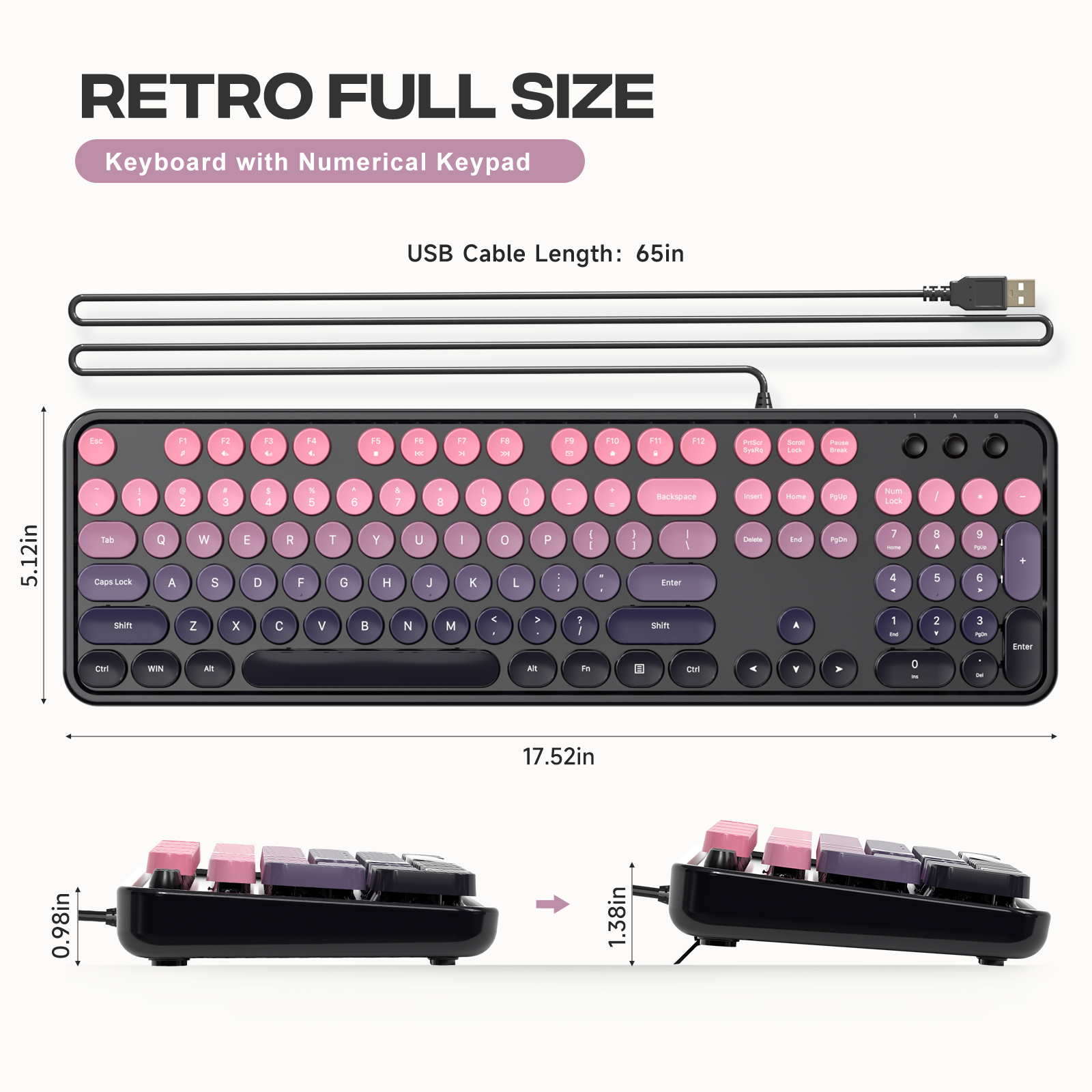 Retro Full-Size Wired Keyboard Ergonomic Plum Pink - Image 5