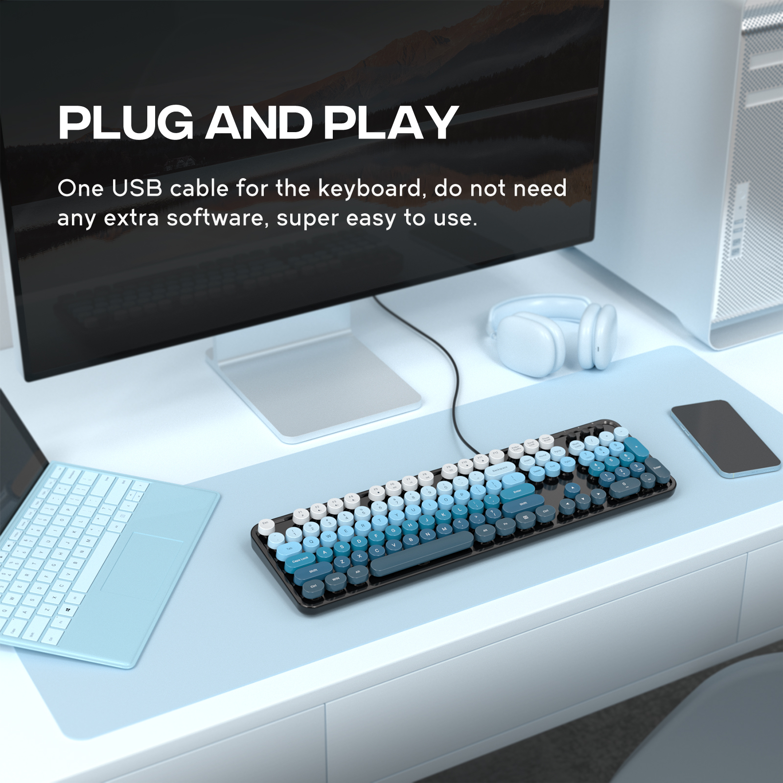 Retro Full-Size Wired Keyboard Ergonomic Black Blue - Image 6