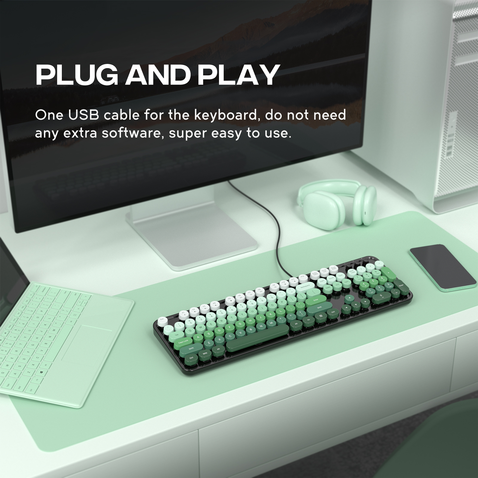 Retro Full-Size Wired Ergonomic Keyboard Black & Green - Image 6