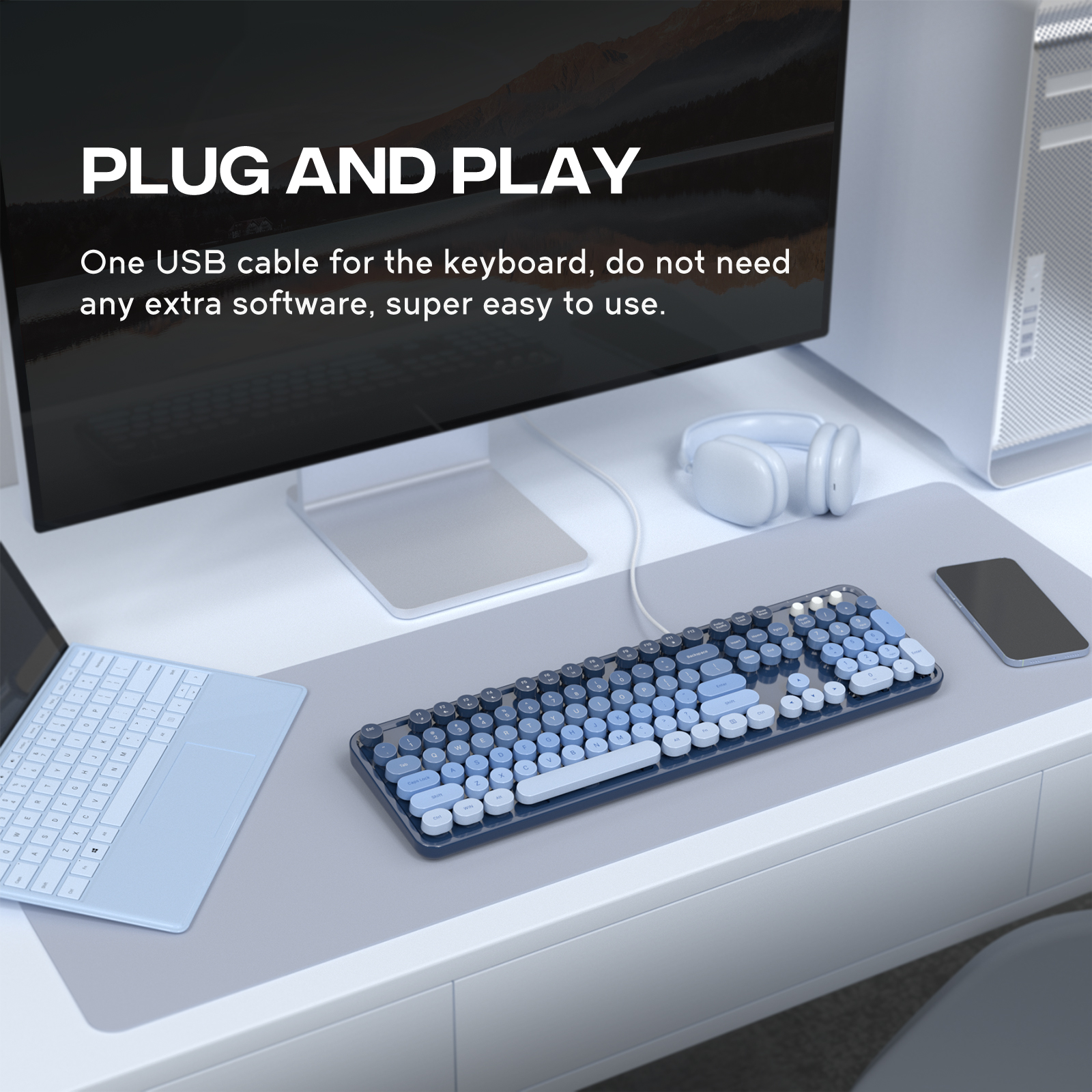 Sea Salt Retro Full-Size Wired Ergonomic Keyboard - Image 6