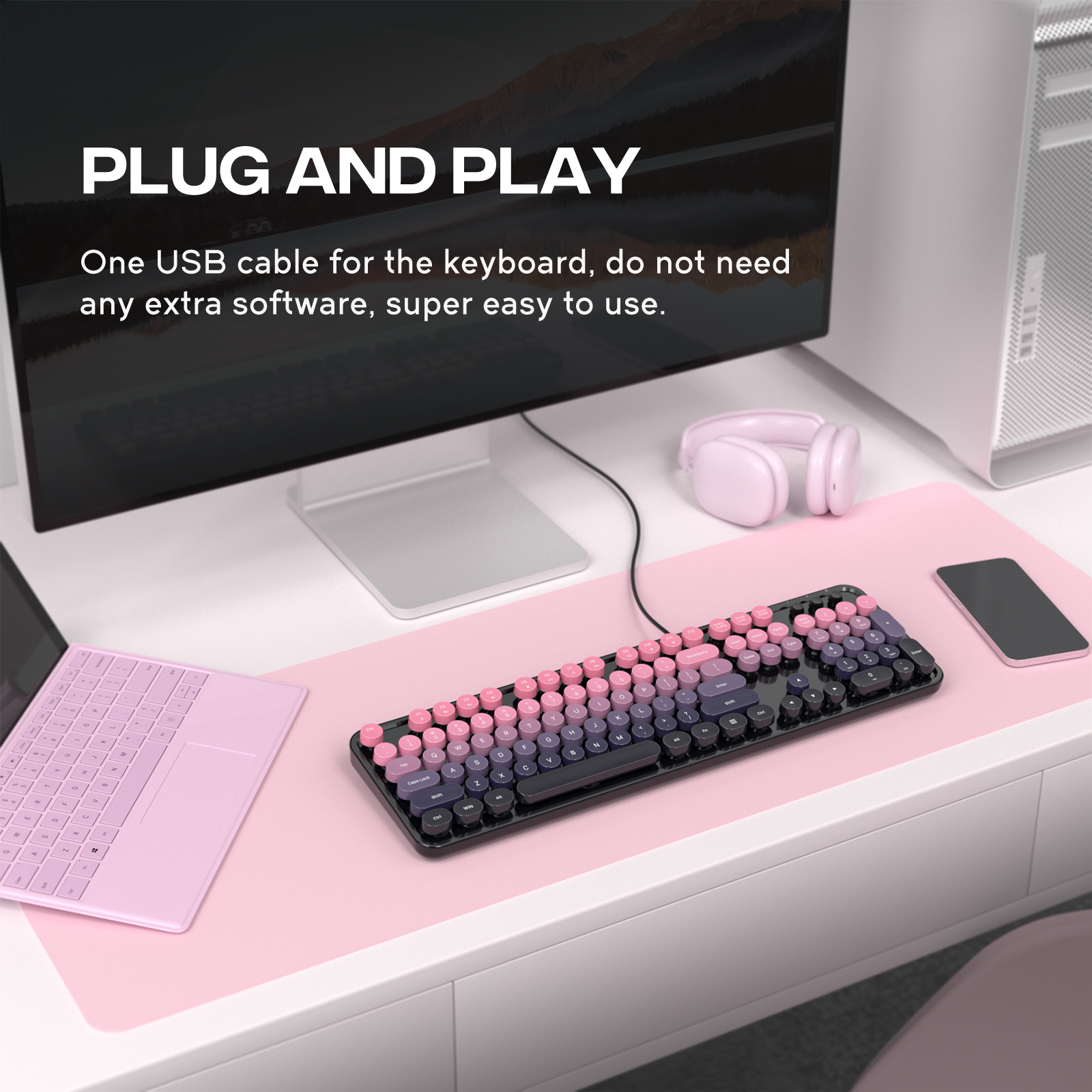Retro Full-Size Wired Keyboard Ergonomic Plum Pink - Image 6