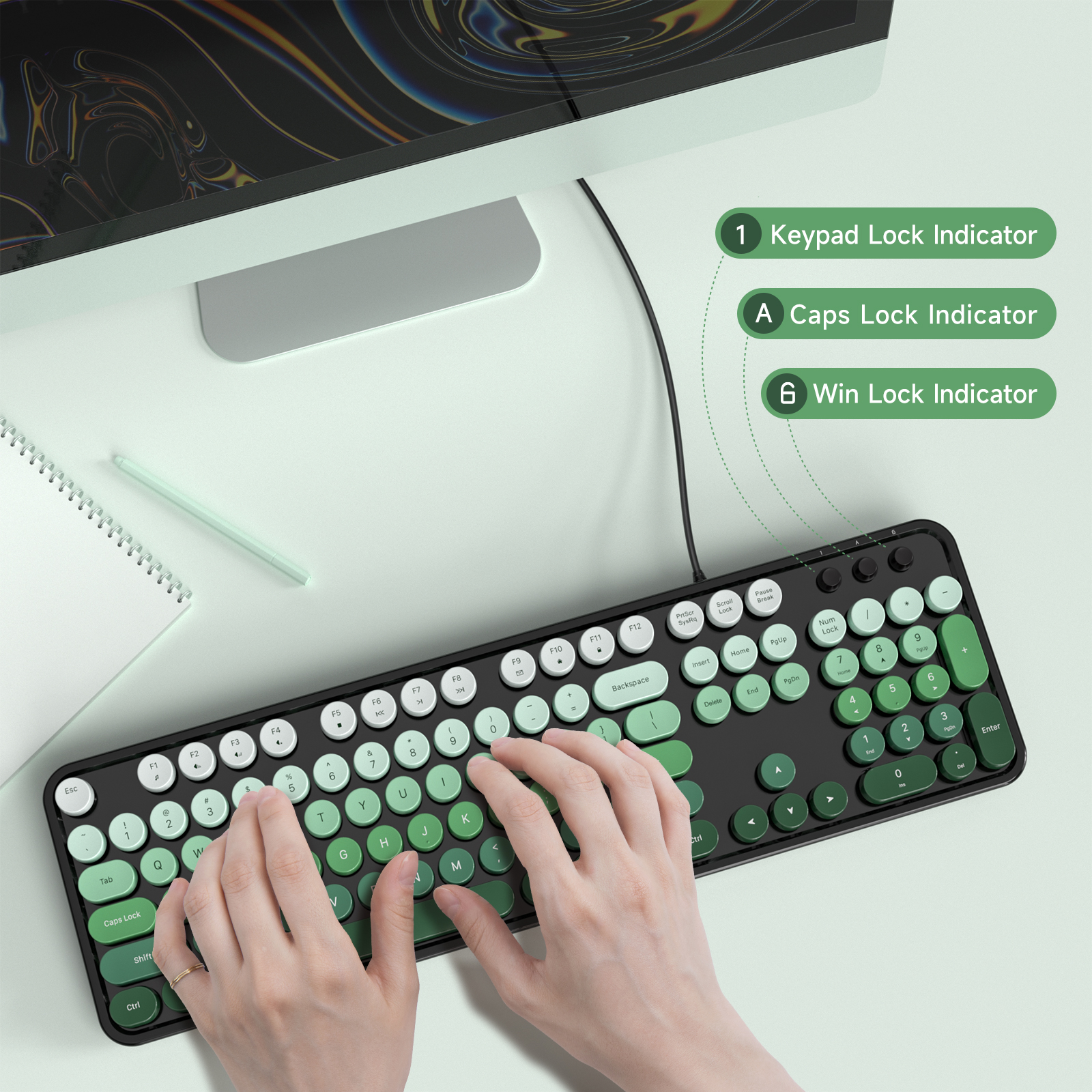 Retro Full-Size Wired Ergonomic Keyboard Black & Green - Image 7
