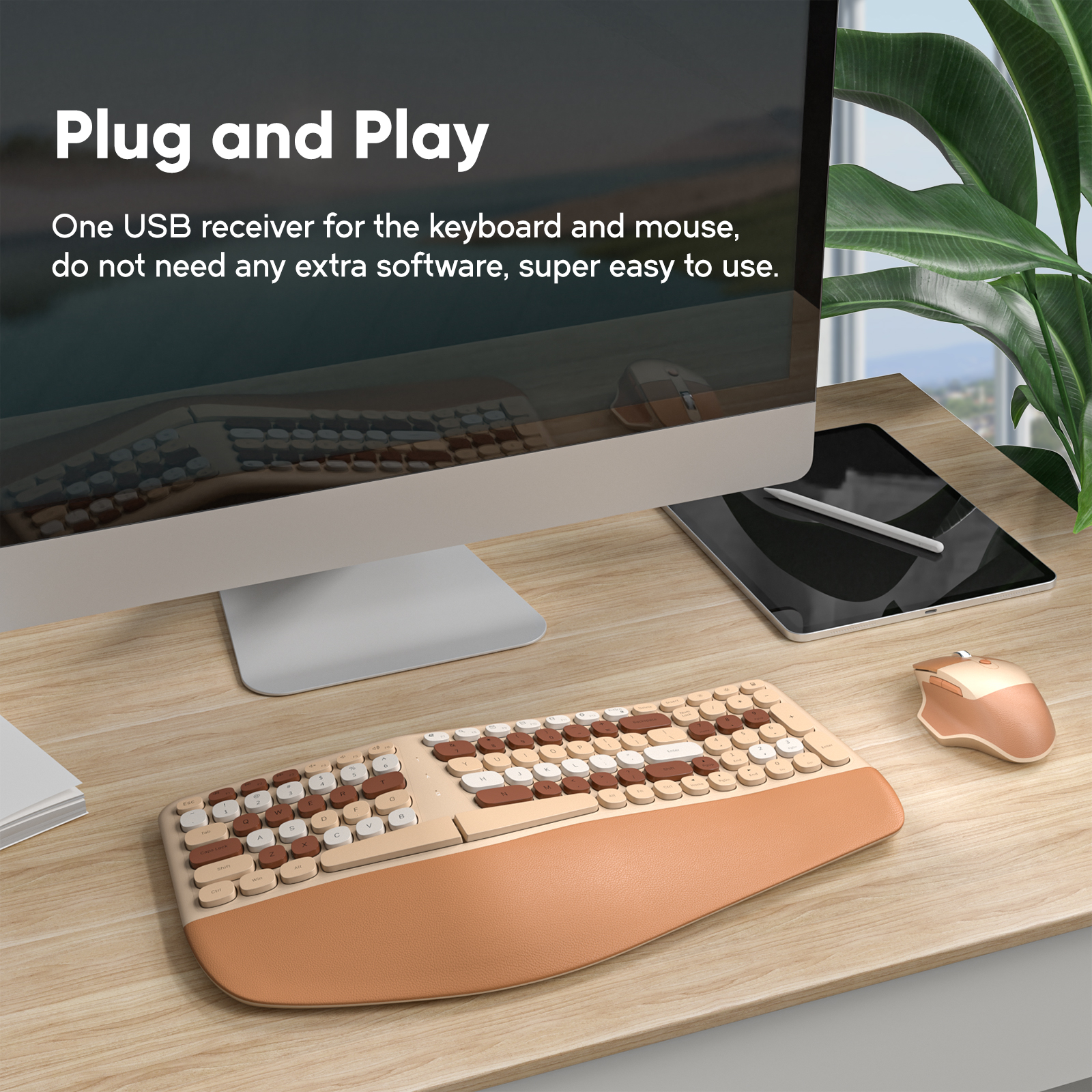 Beige Ergonomic Wireless Keyboard and Mouse Set - Image 5