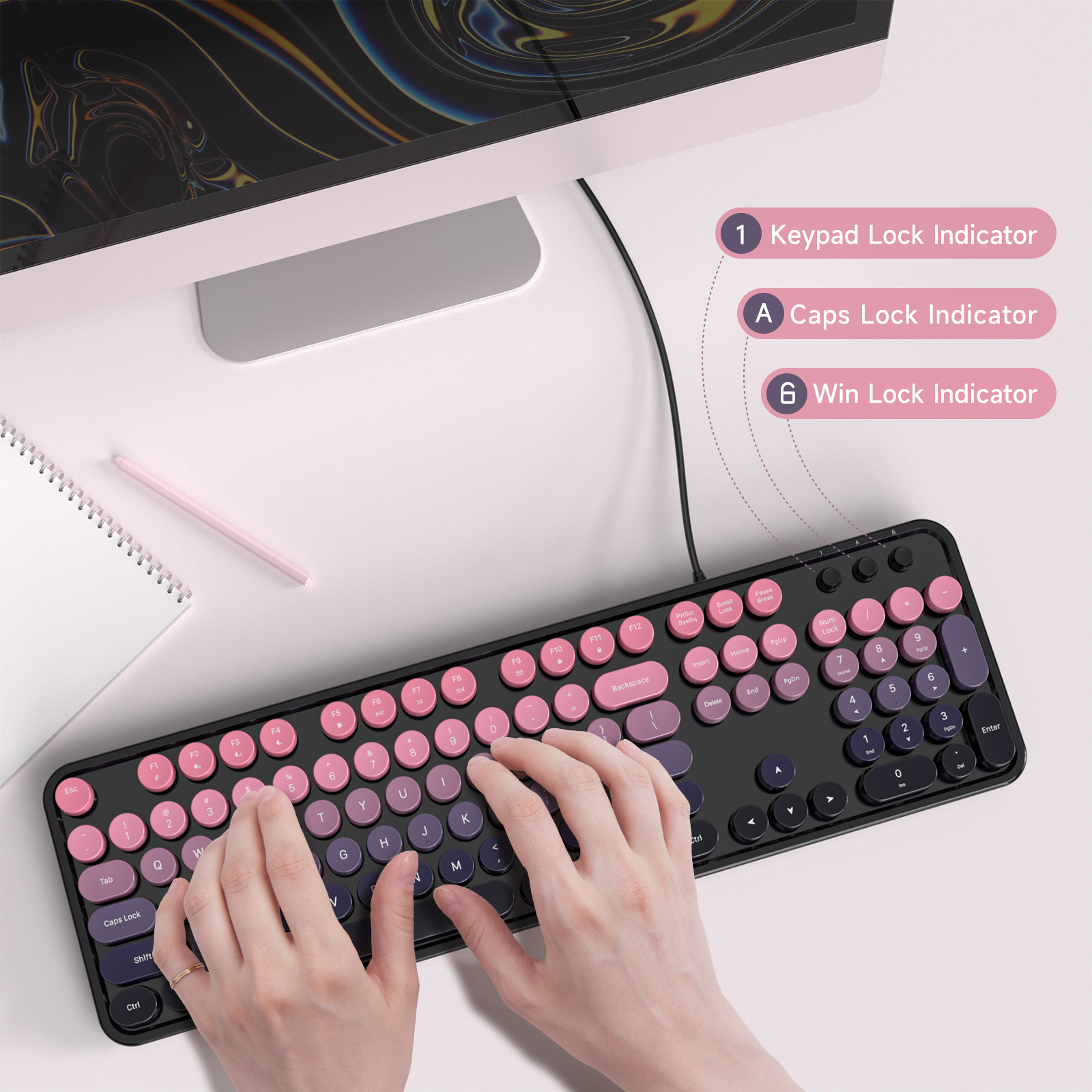 Retro Full-Size Wired Keyboard Ergonomic Plum Pink - Image 7