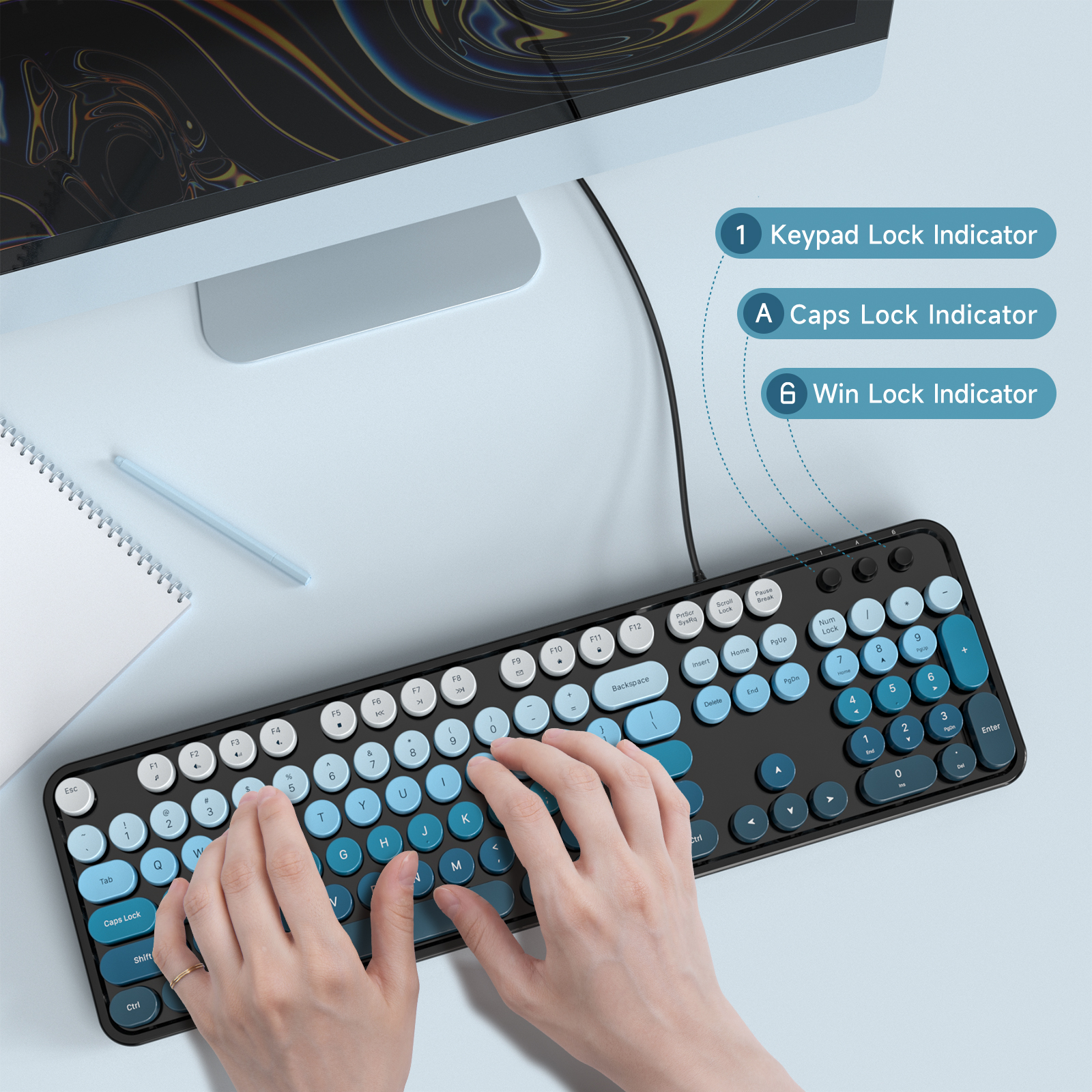 Retro Full-Size Wired Keyboard Ergonomic Black Blue - Image 7